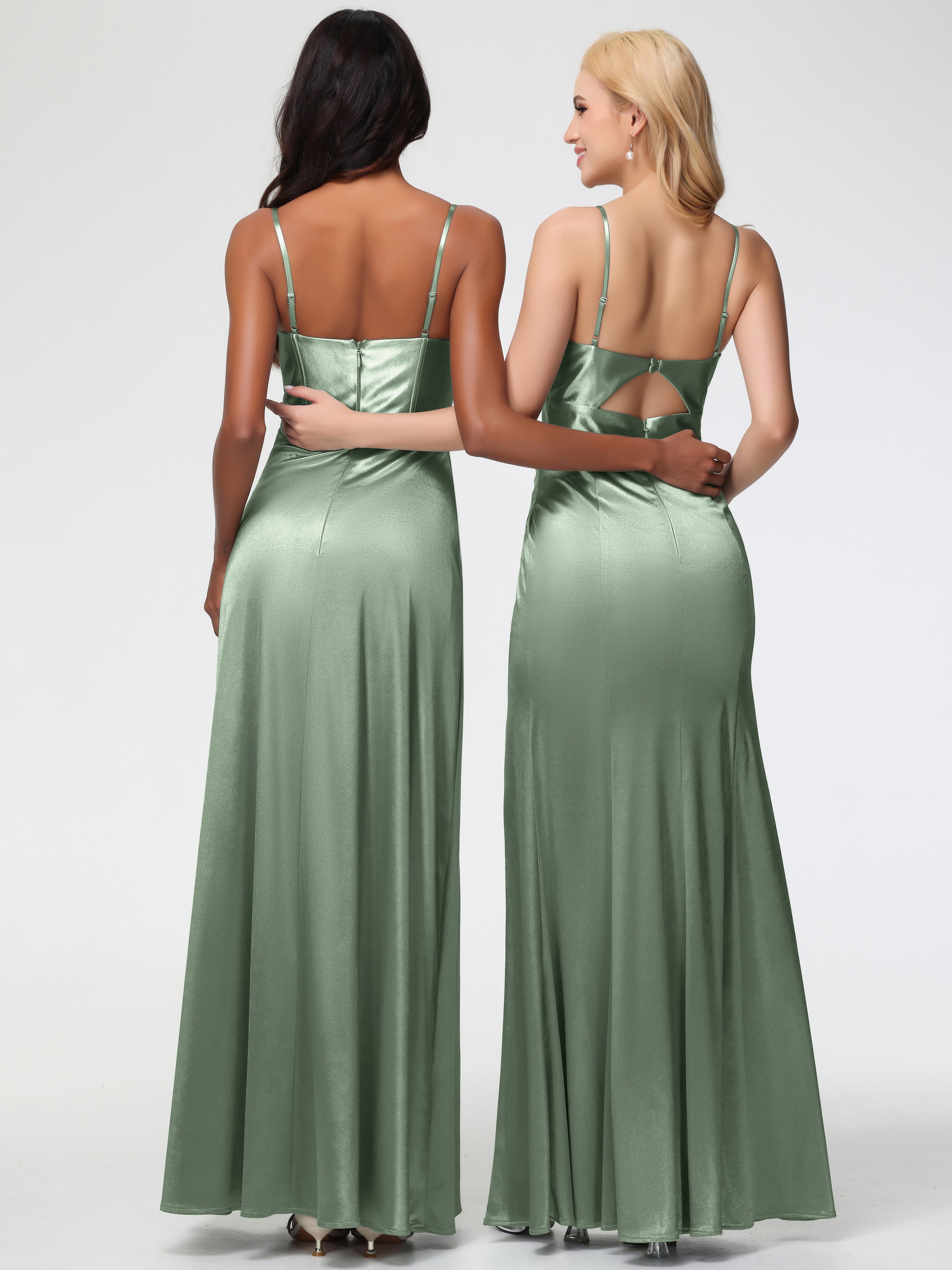 Robes De Demoiselle D'Honneur Couleur Sauge Poussiéreuse Bon Marché Bretelles Spaghetti Trapèze Satin Extensible Fendue Robe De Demoiselle D'Honneur