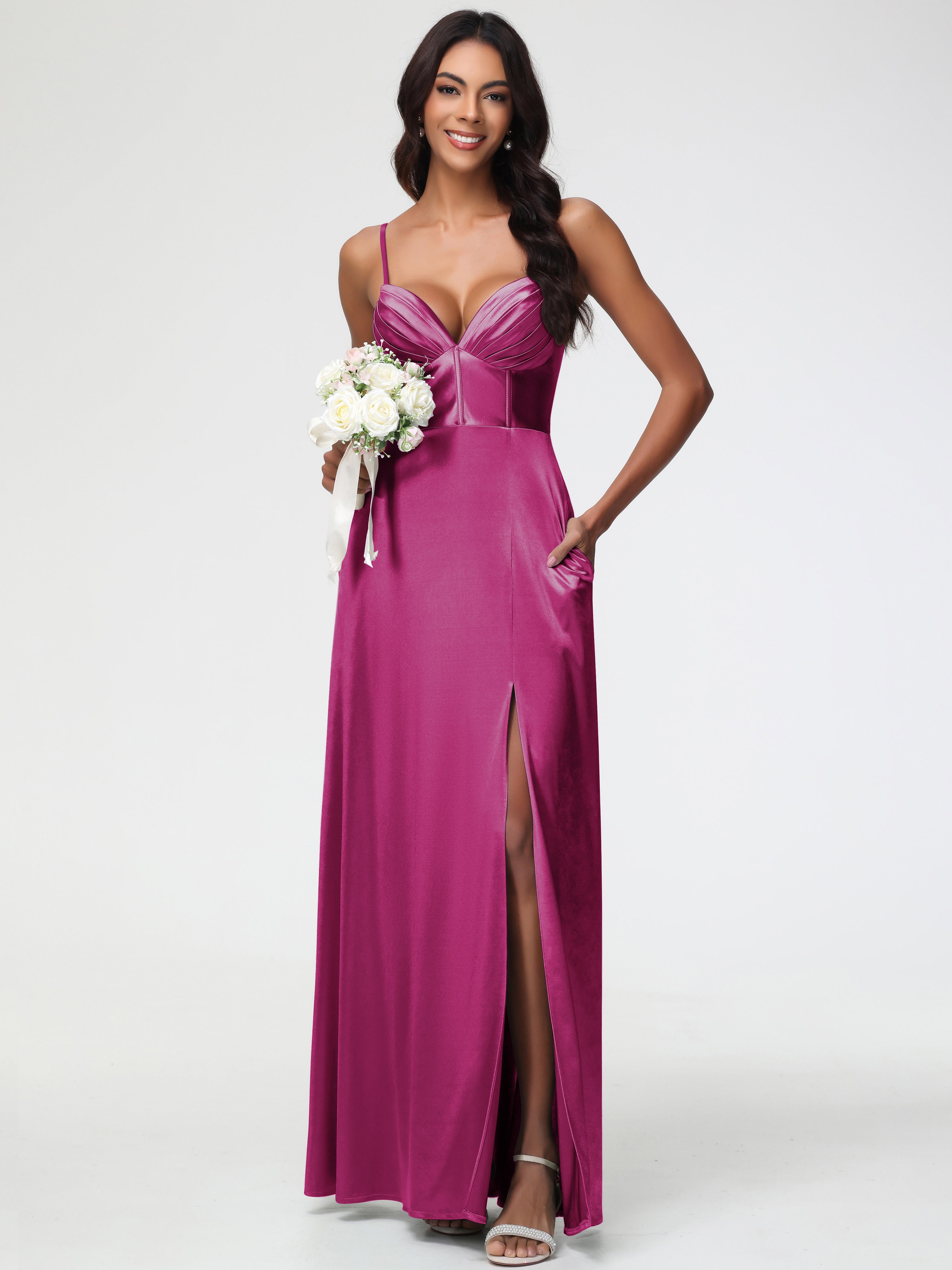 Robes De Demoiselle D'Honneur Couleur Rose Fuchsia Bretelles Spaghetti Trapèze Satin Extensible Fendue Robe De Demoiselle D'Honneur