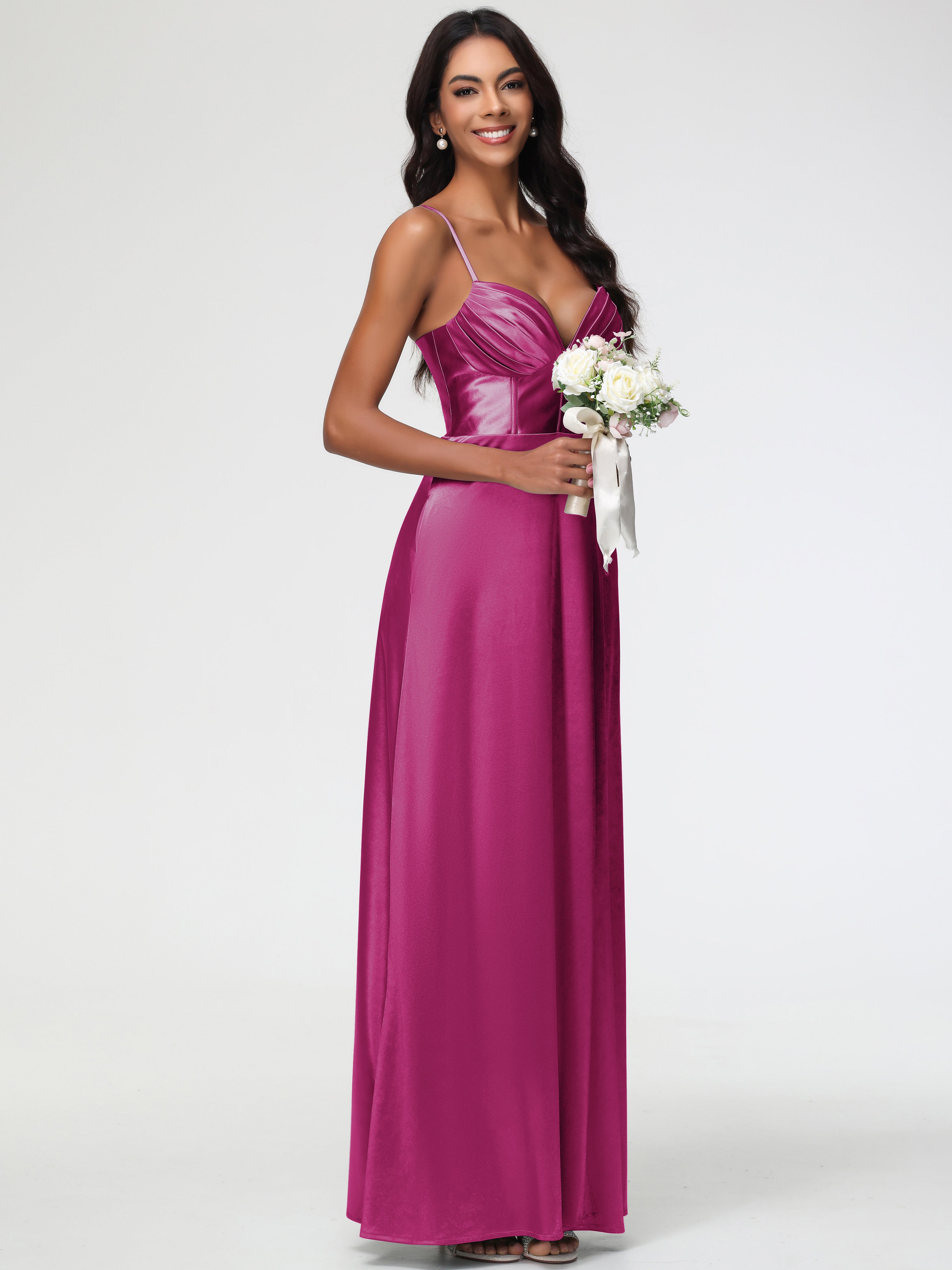 Robes De Demoiselle D'Honneur Couleur Rose Fuchsia Bretelles Spaghetti Trapèze Satin Extensible Fendue Robe De Demoiselle D'Honneur