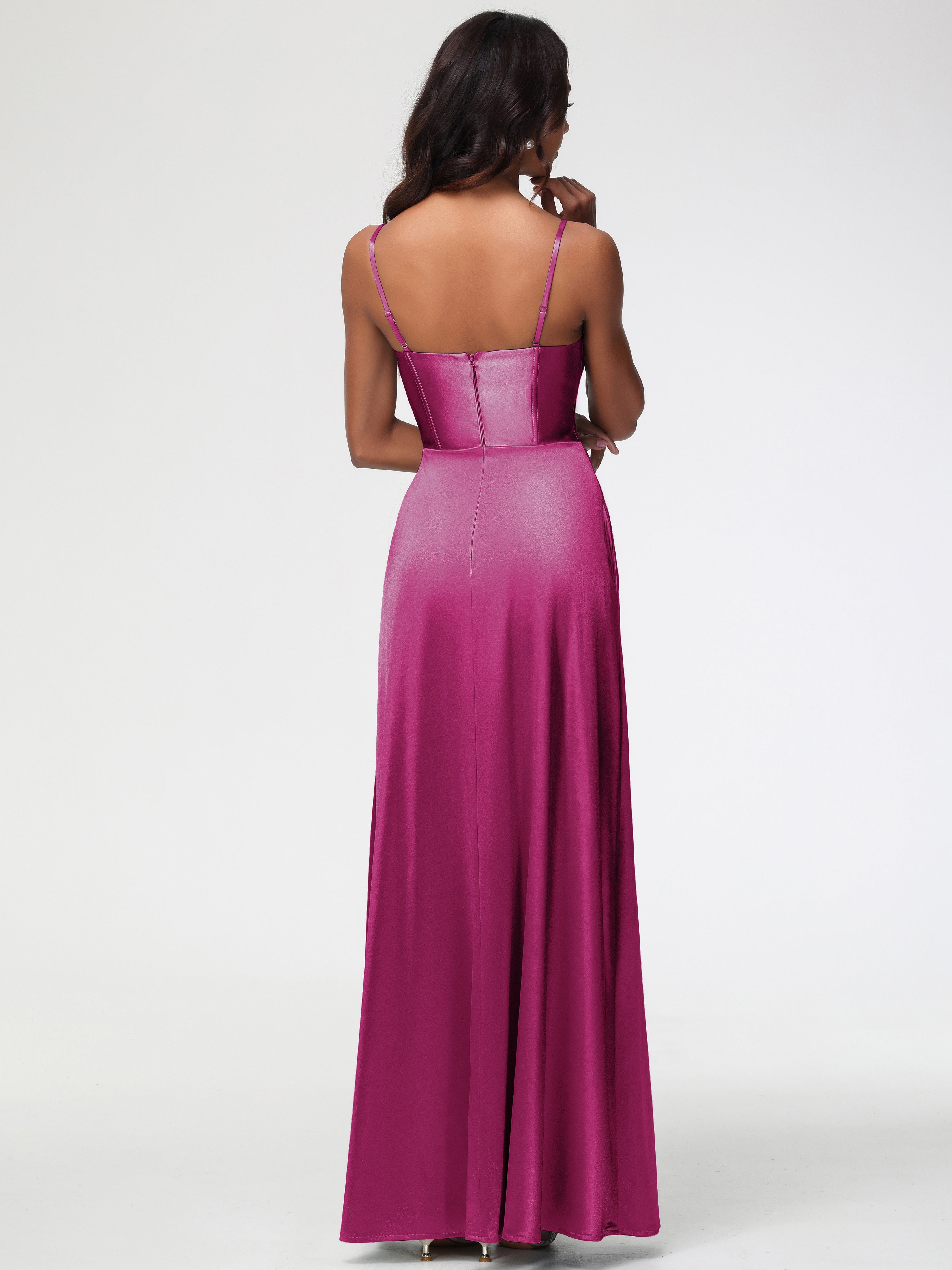 Robes De Demoiselle D'Honneur Couleur Rose Fuchsia Bretelles Spaghetti Trapèze Satin Extensible Fendue Robe De Demoiselle D'Honneur