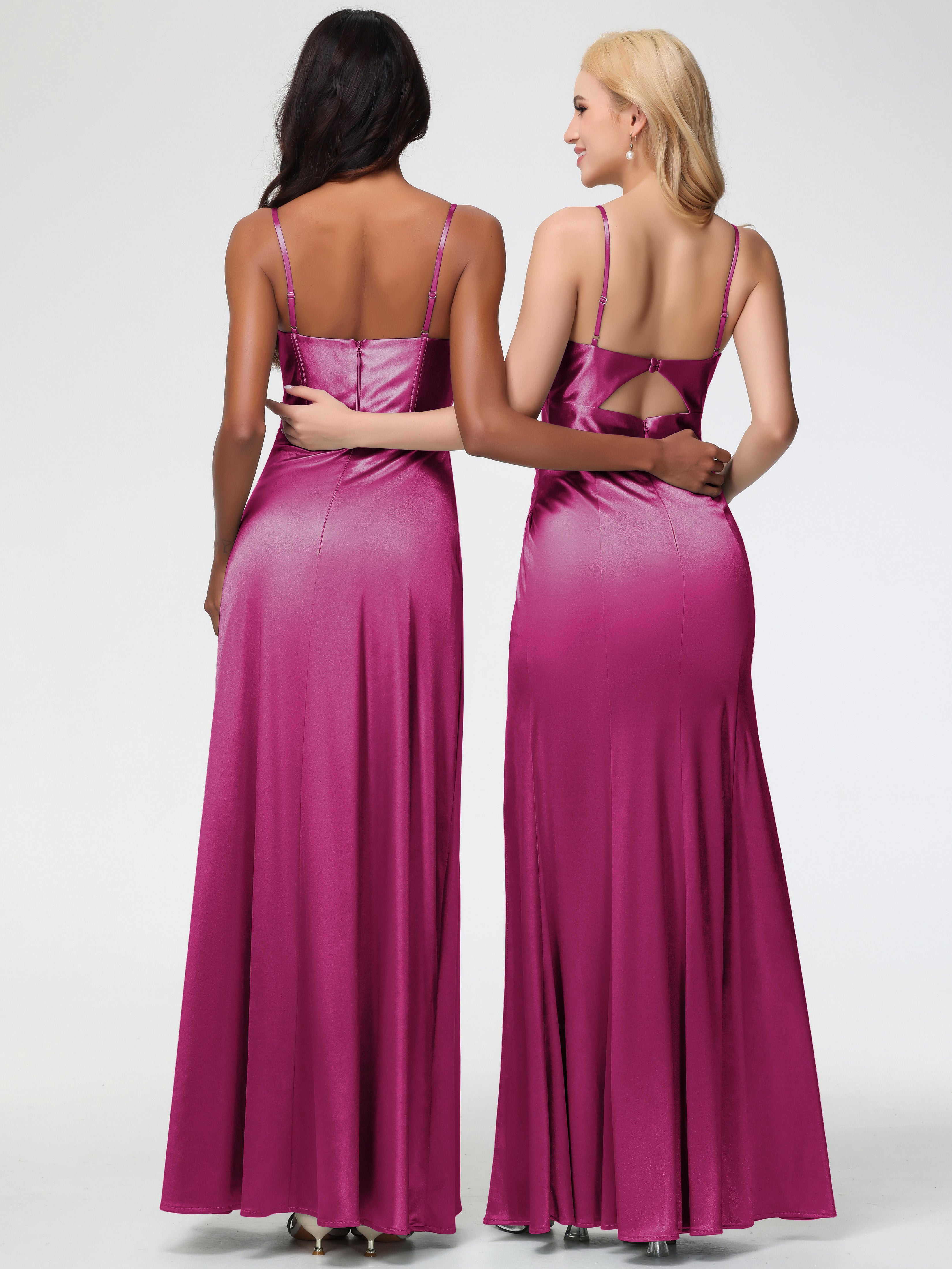 Robes De Demoiselle D'Honneur Couleur Rose Fuchsia Bretelles Spaghetti Trapèze Satin Extensible Fendue Robe De Demoiselle D'Honneur