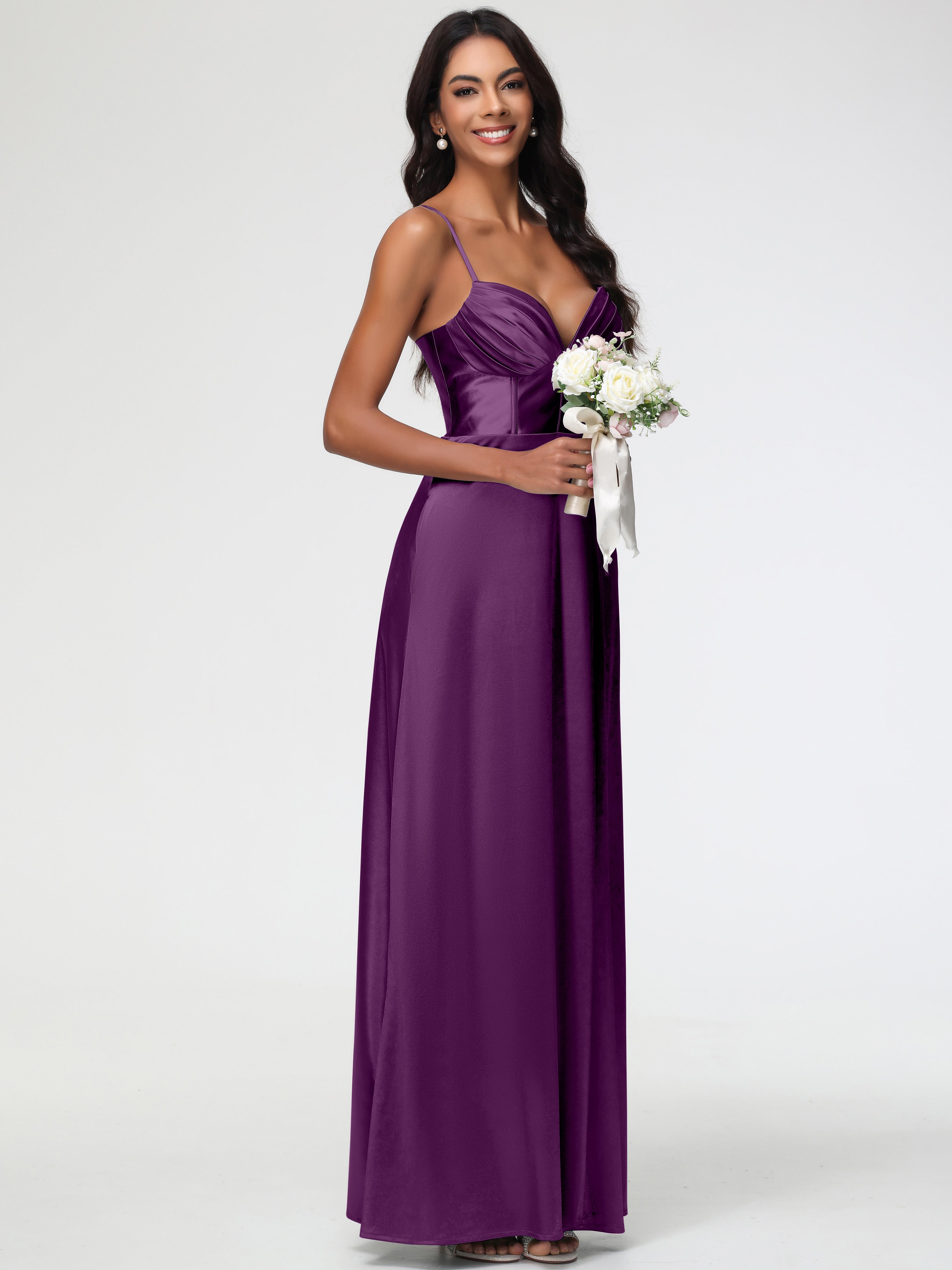 Robes De Demoiselle D'Honneur Raisin Bretelles Spaghetti Trapèze Satin Extensible Fendue Robe De Demoiselle D'Honneur