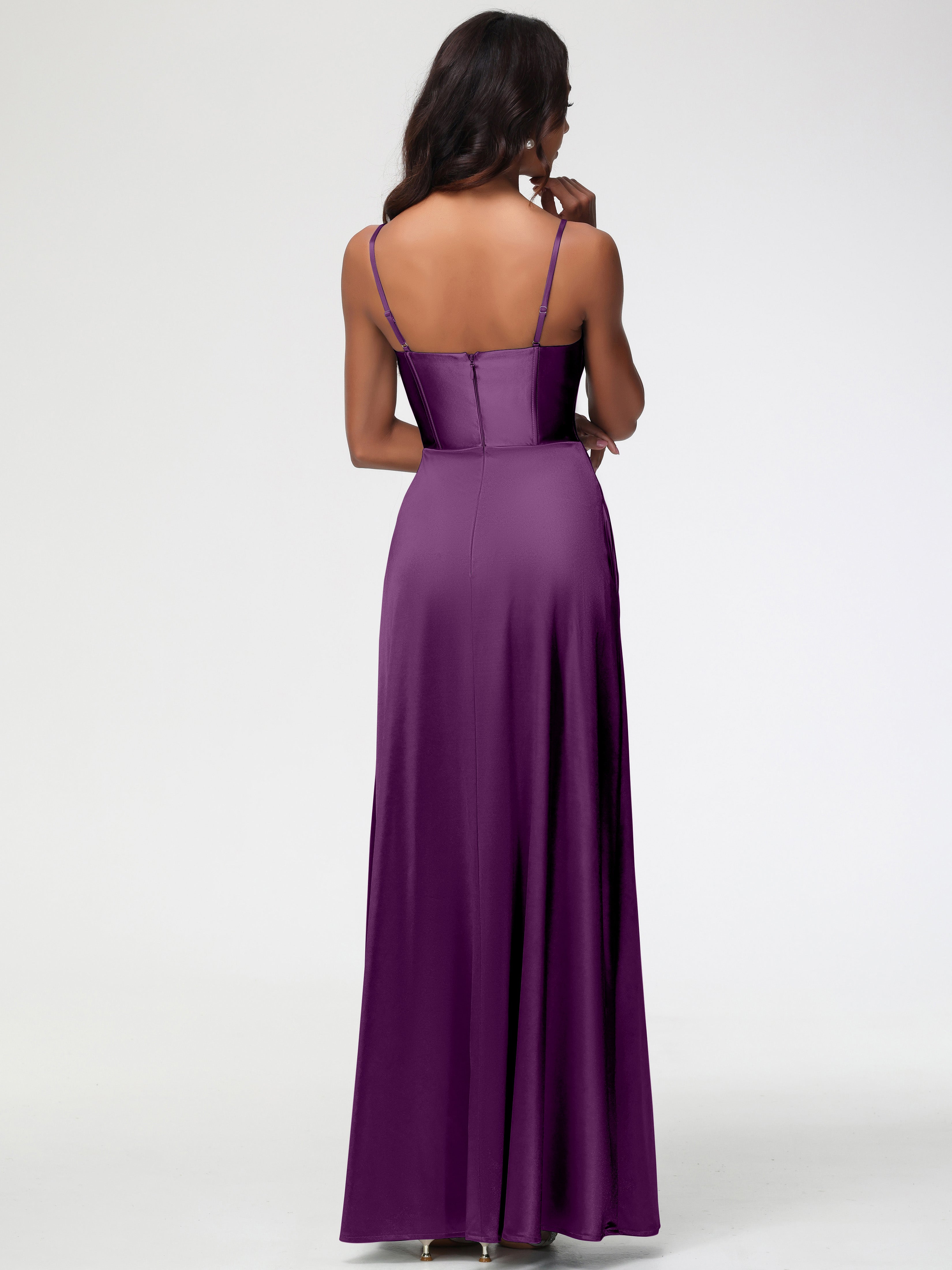 Robes De Demoiselle D'Honneur Raisin Bretelles Spaghetti Trapèze Satin Extensible Fendue Robe De Demoiselle D'Honneur