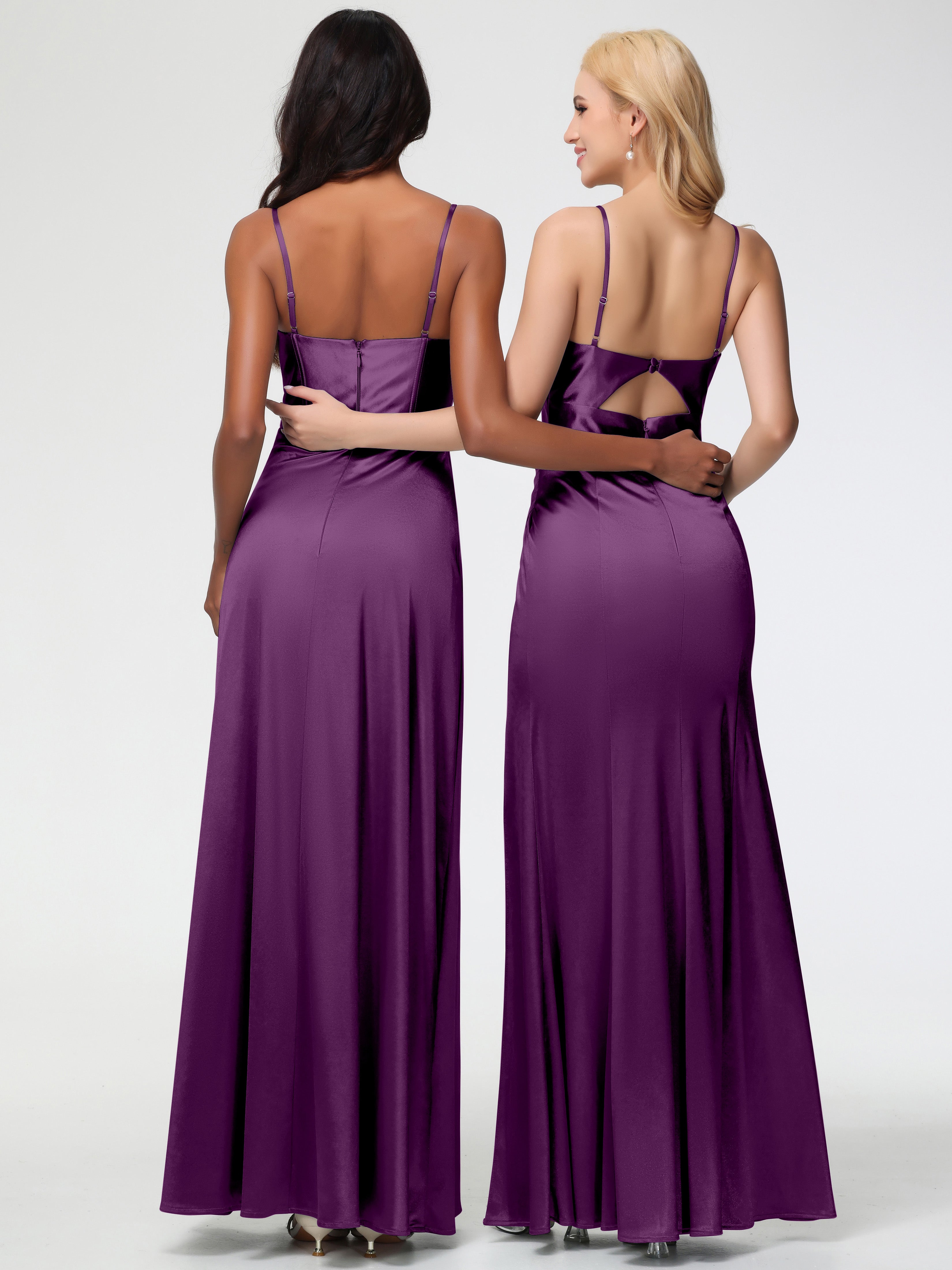 Robes De Demoiselle D'Honneur Raisin Bretelles Spaghetti Trapèze Satin Extensible Fendue Robe De Demoiselle D'Honneur