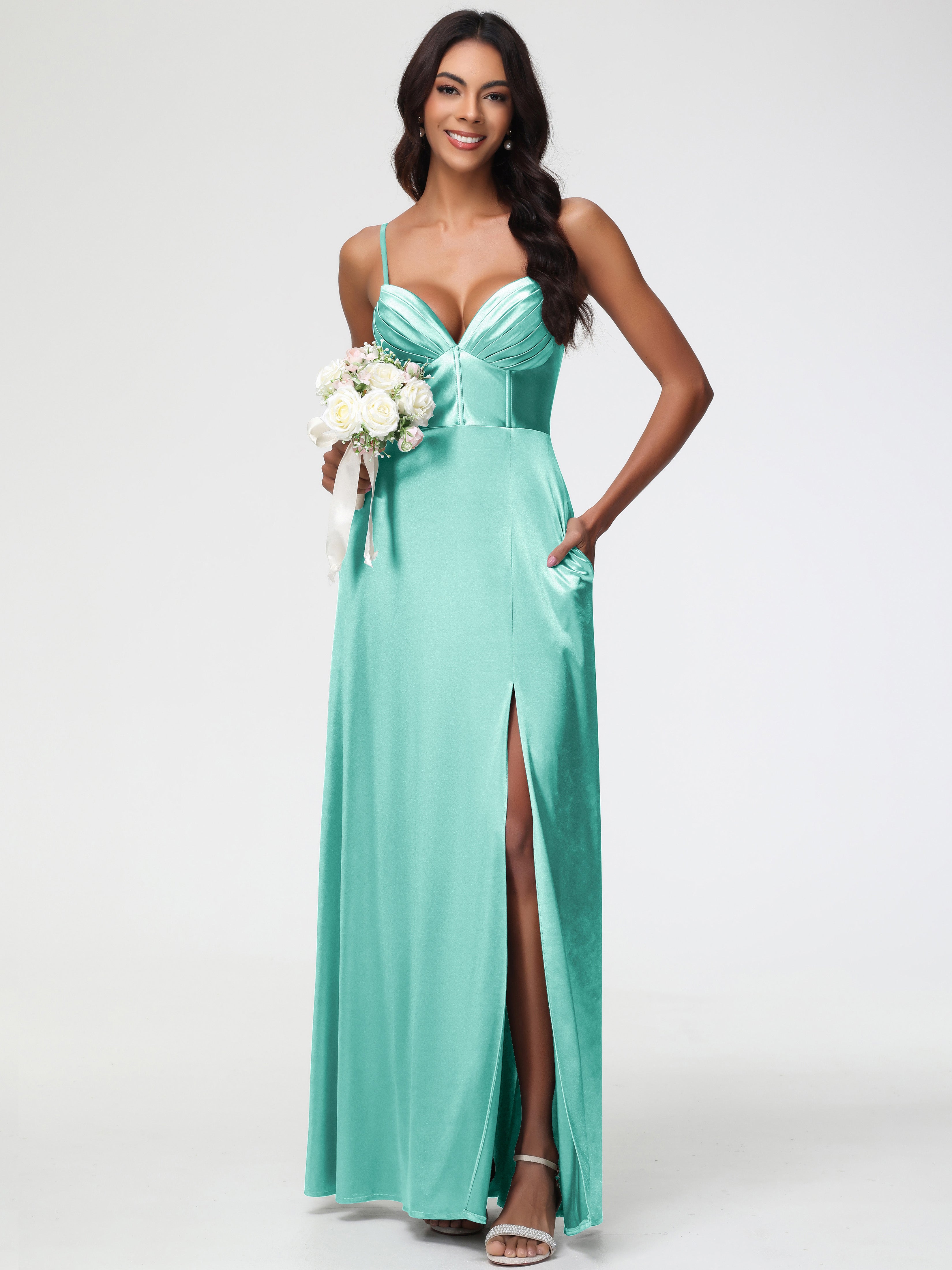 Robe Vert Menthe Demoiselle D Honneur Bretelles Spaghetti Trapèze Satin Extensible Fendue Robe De Demoiselle D'Honneur