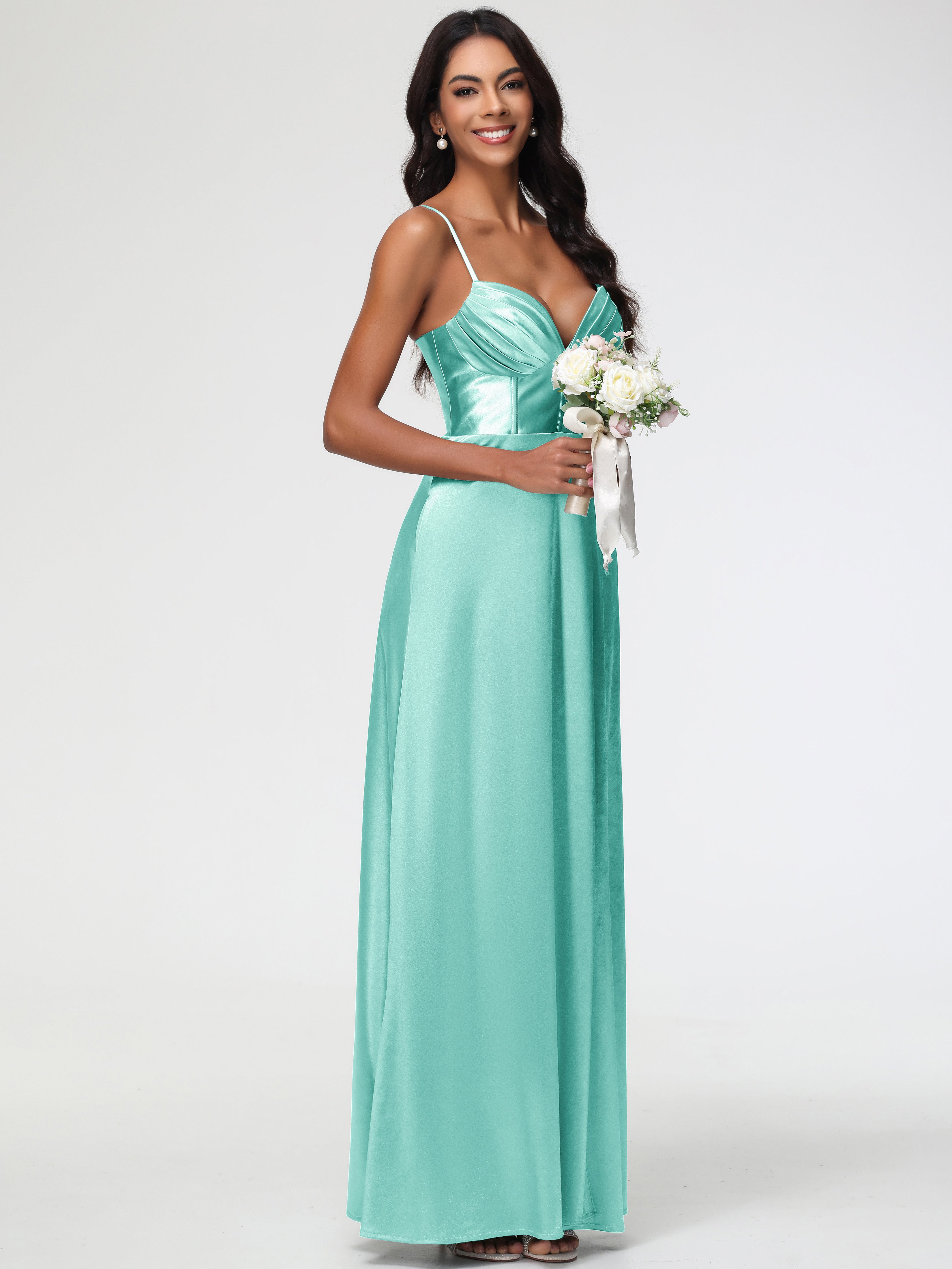 Robe Vert Menthe Demoiselle D Honneur Bretelles Spaghetti Trapèze Satin Extensible Fendue Robe De Demoiselle D'Honneur