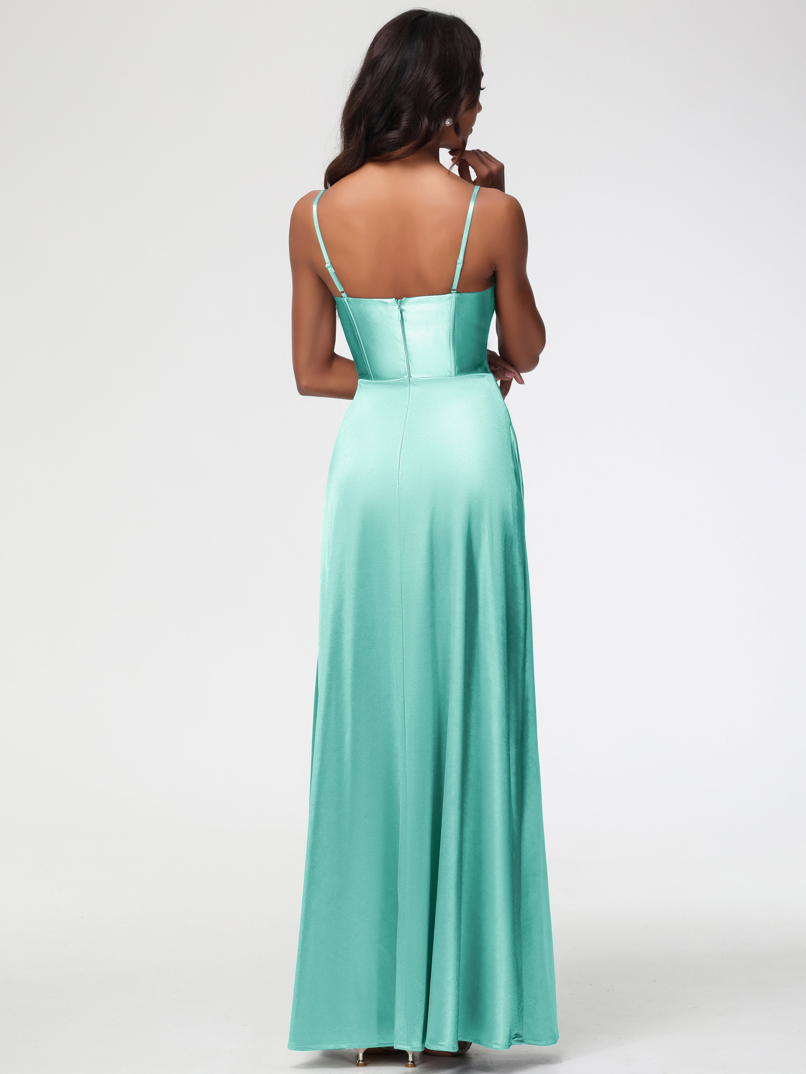 Robe Vert Menthe Demoiselle D Honneur Bretelles Spaghetti Trapèze Satin Extensible Fendue Robe De Demoiselle D'Honneur