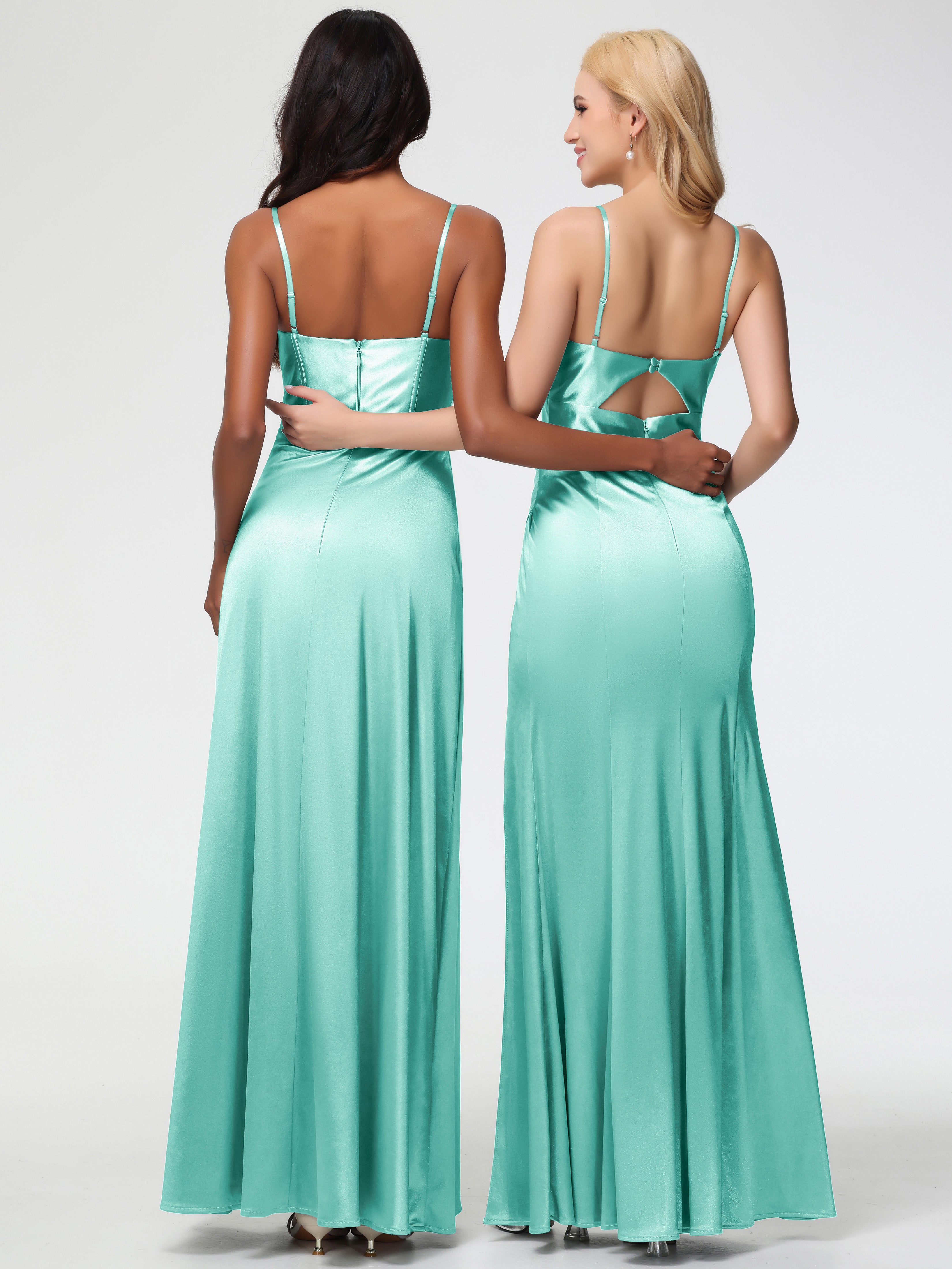 Robe Vert Menthe Demoiselle D Honneur Bretelles Spaghetti Trapèze Satin Extensible Fendue Robe De Demoiselle D'Honneur