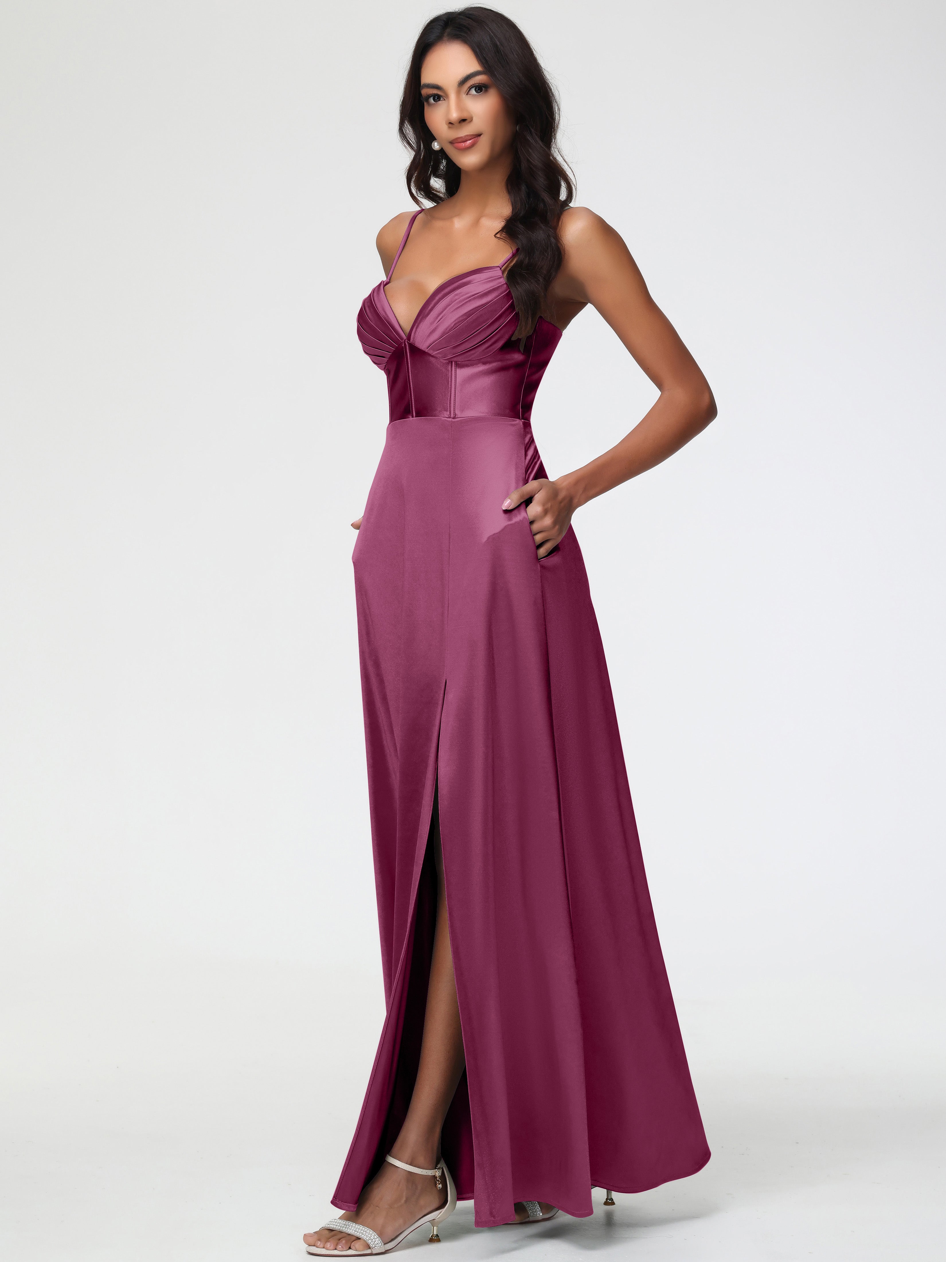 Robes De Demoiselle D'Honneur Mure Bretelles Spaghetti Trapèze Satin Extensible Fendue Robe De Demoiselle D'Honneur