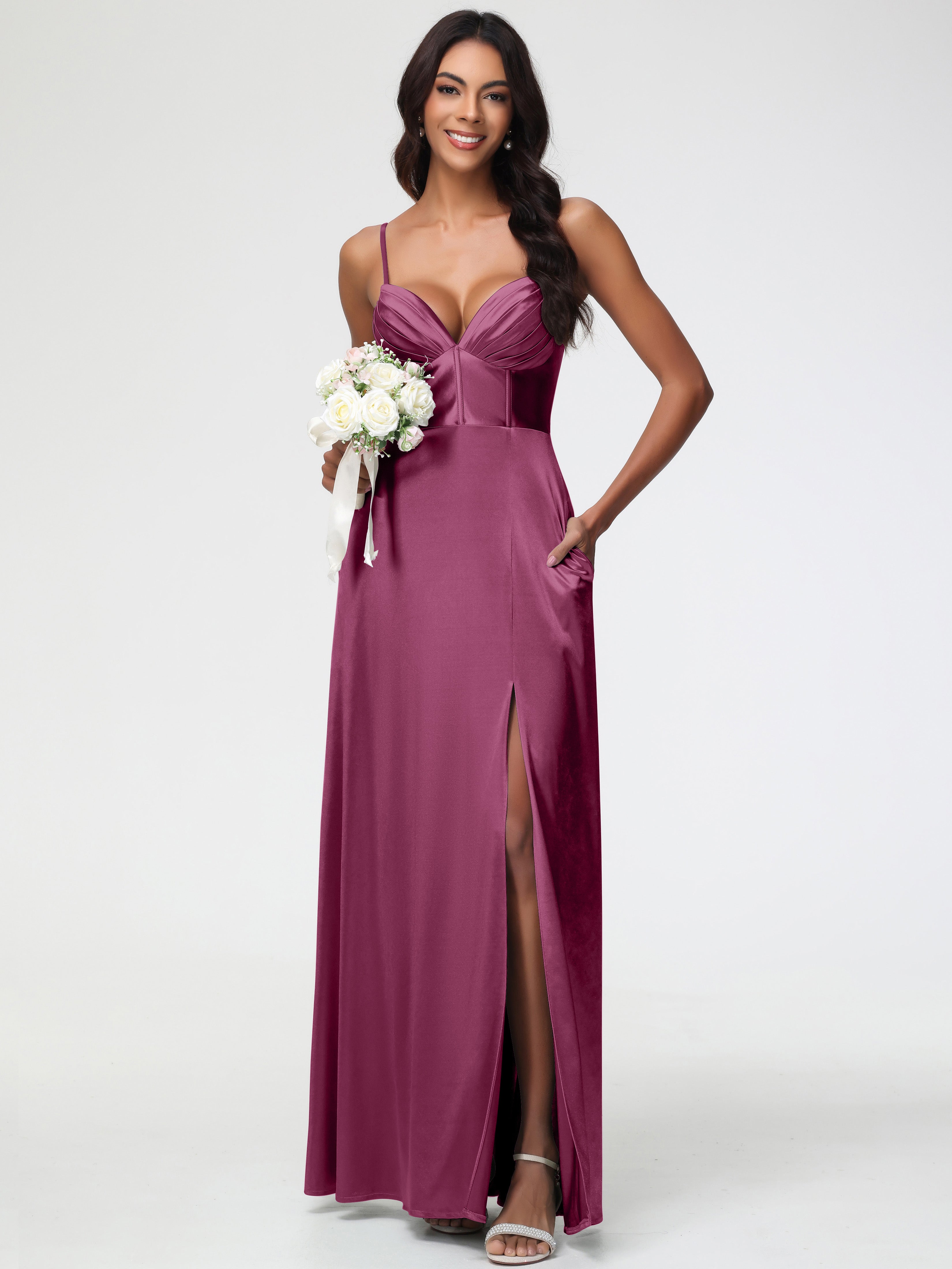 Robes De Demoiselle D'Honneur Mure Bretelles Spaghetti Trapèze Satin Extensible Fendue Robe De Demoiselle D'Honneur