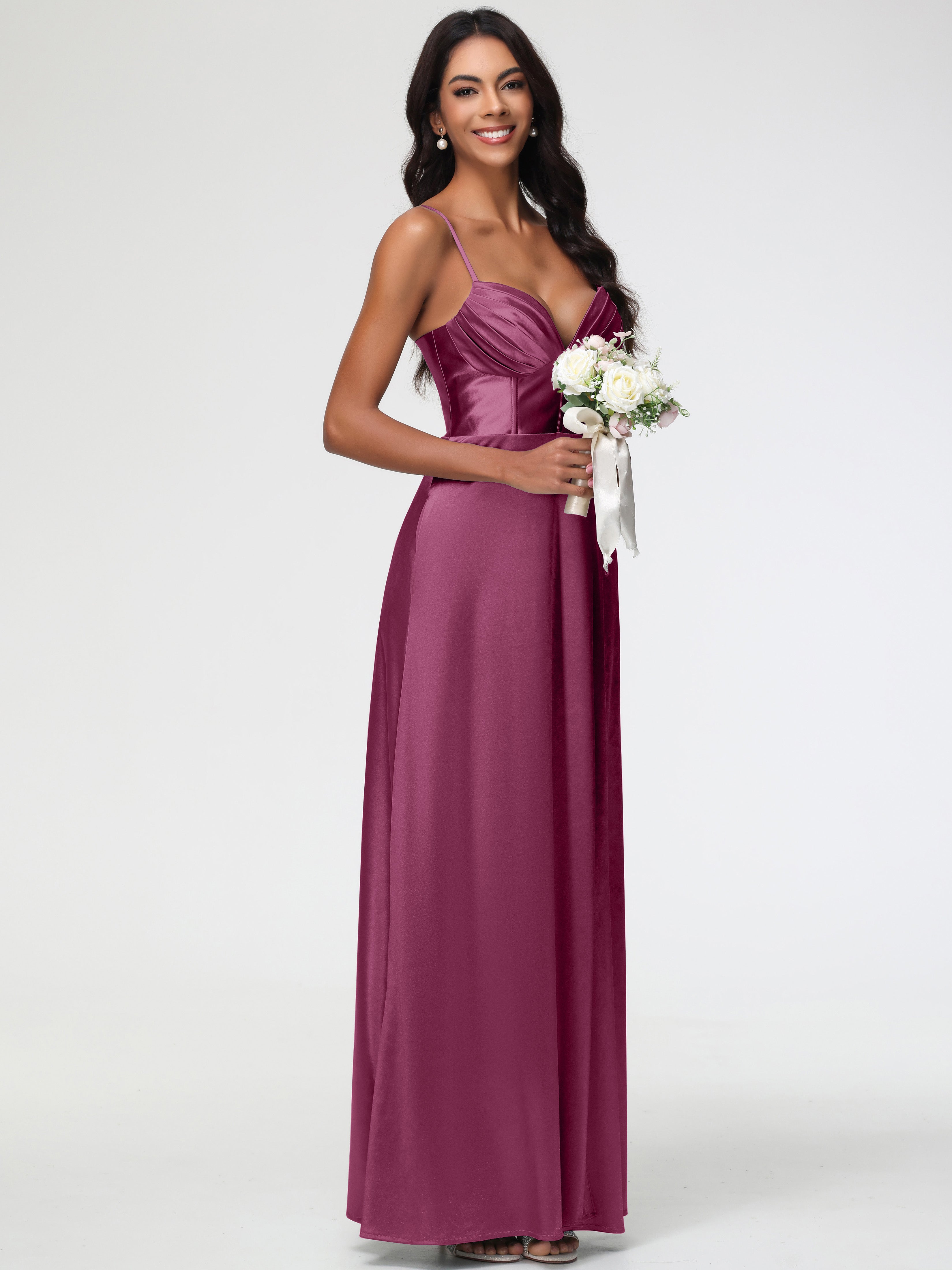 Robes De Demoiselle D'Honneur Mure Bretelles Spaghetti Trapèze Satin Extensible Fendue Robe De Demoiselle D'Honneur