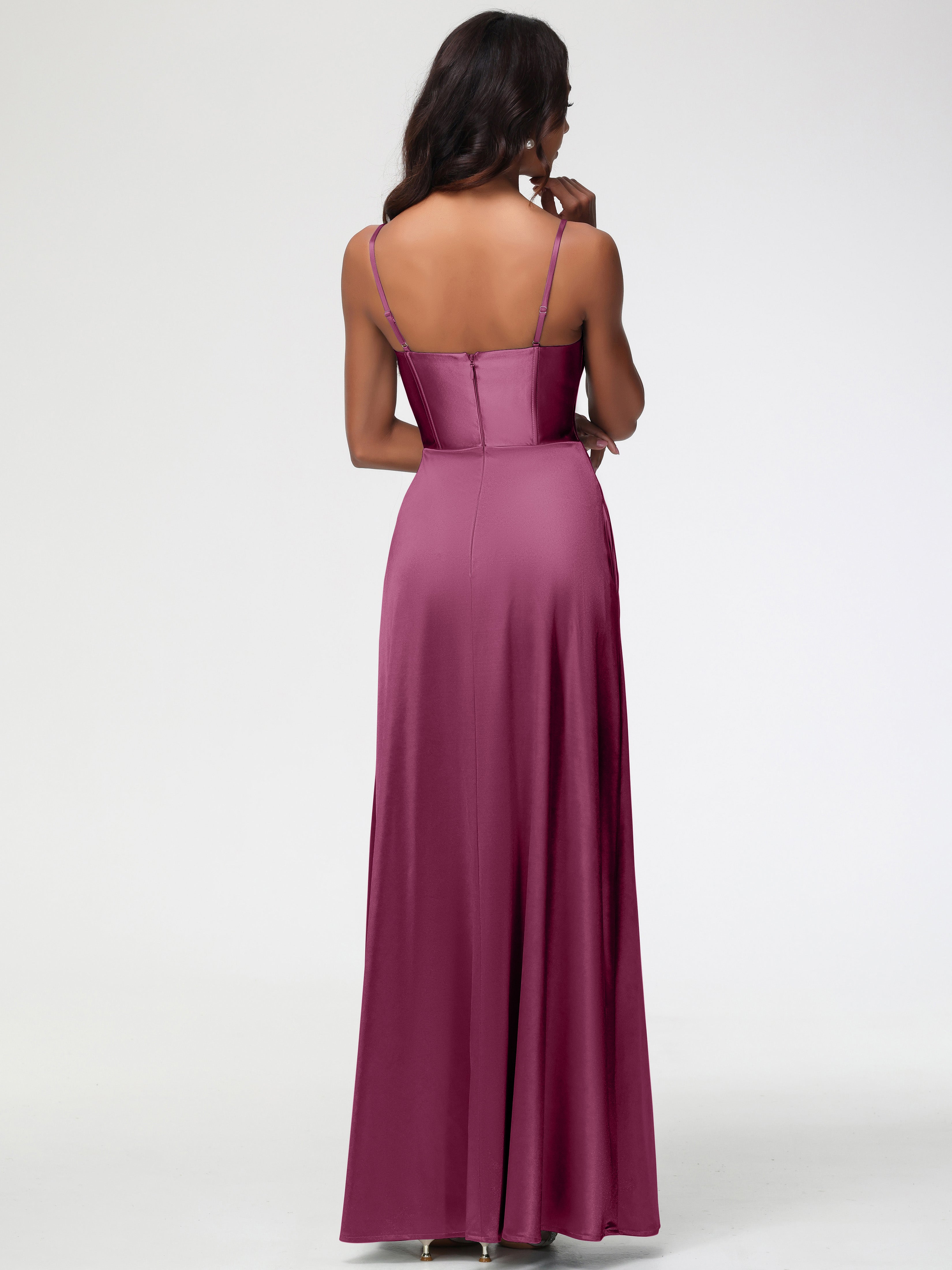 Robes De Demoiselle D'Honneur Mure Bretelles Spaghetti Trapèze Satin Extensible Fendue Robe De Demoiselle D'Honneur