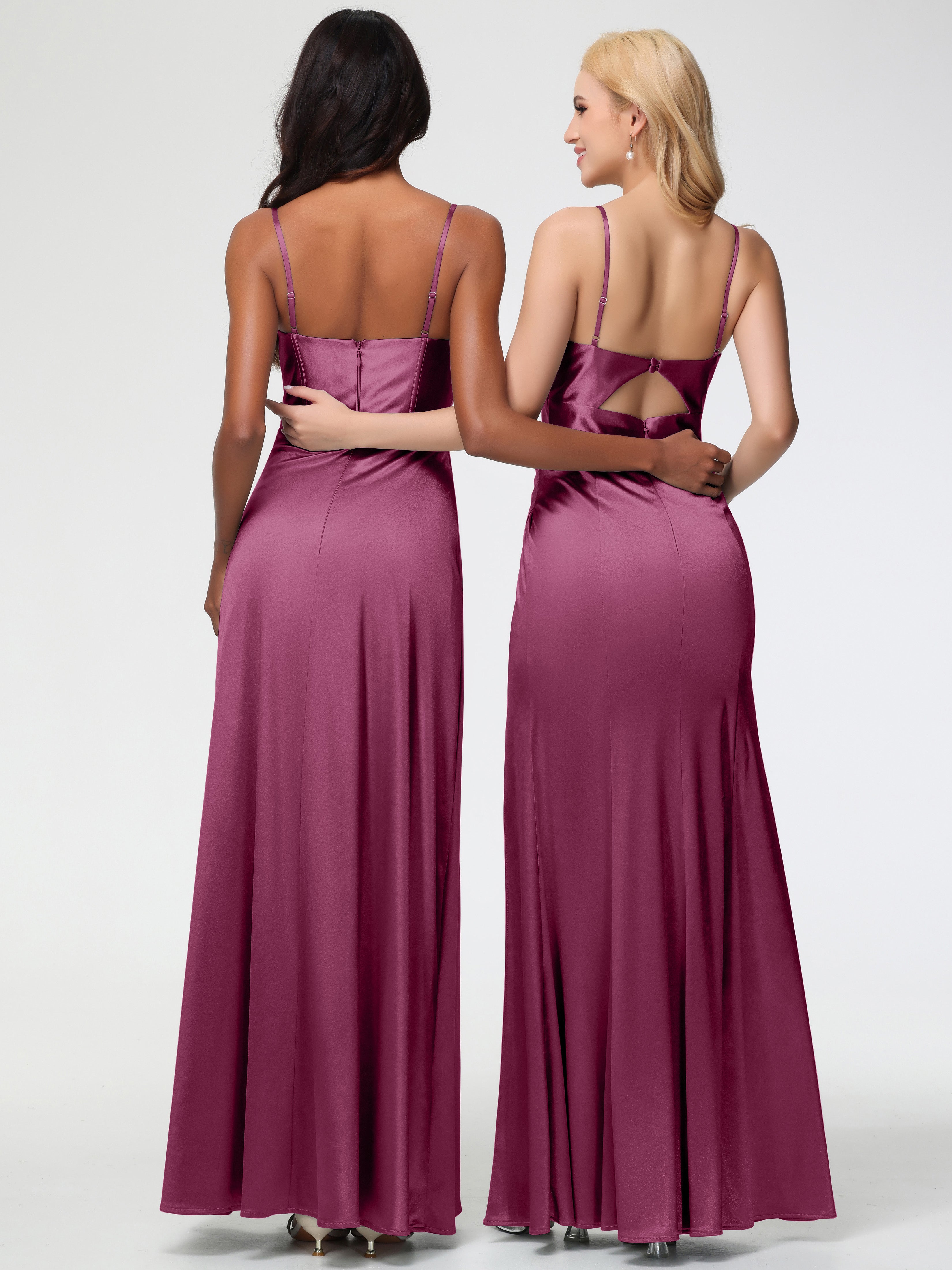 Robes De Demoiselle D'Honneur Mure Bretelles Spaghetti Trapèze Satin Extensible Fendue Robe De Demoiselle D'Honneur