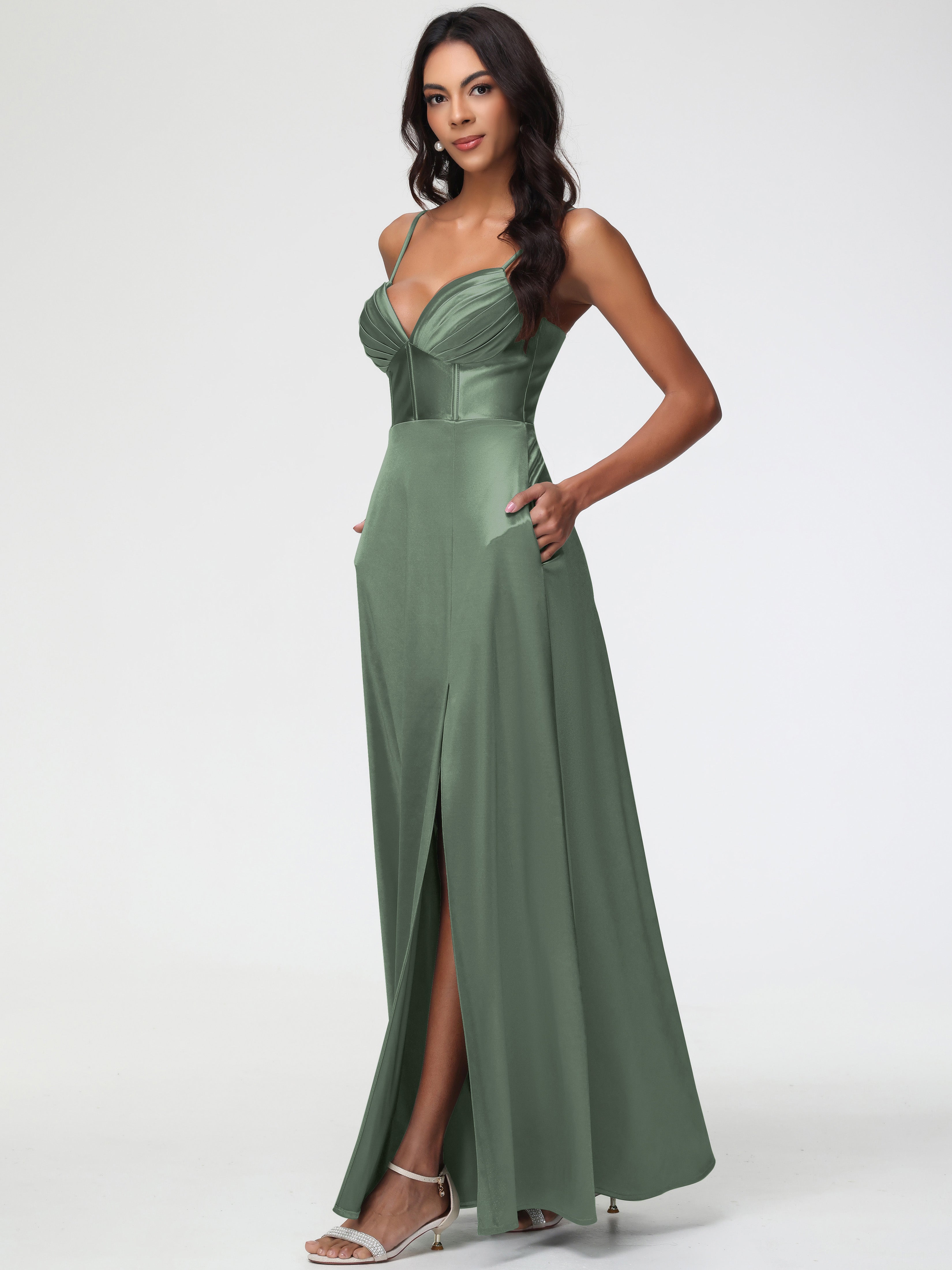 Robes De Demoiselle D'Honneur Olive Bretelles Spaghetti Trapèze Satin Extensible Fendue Robe De Demoiselle D'Honneur