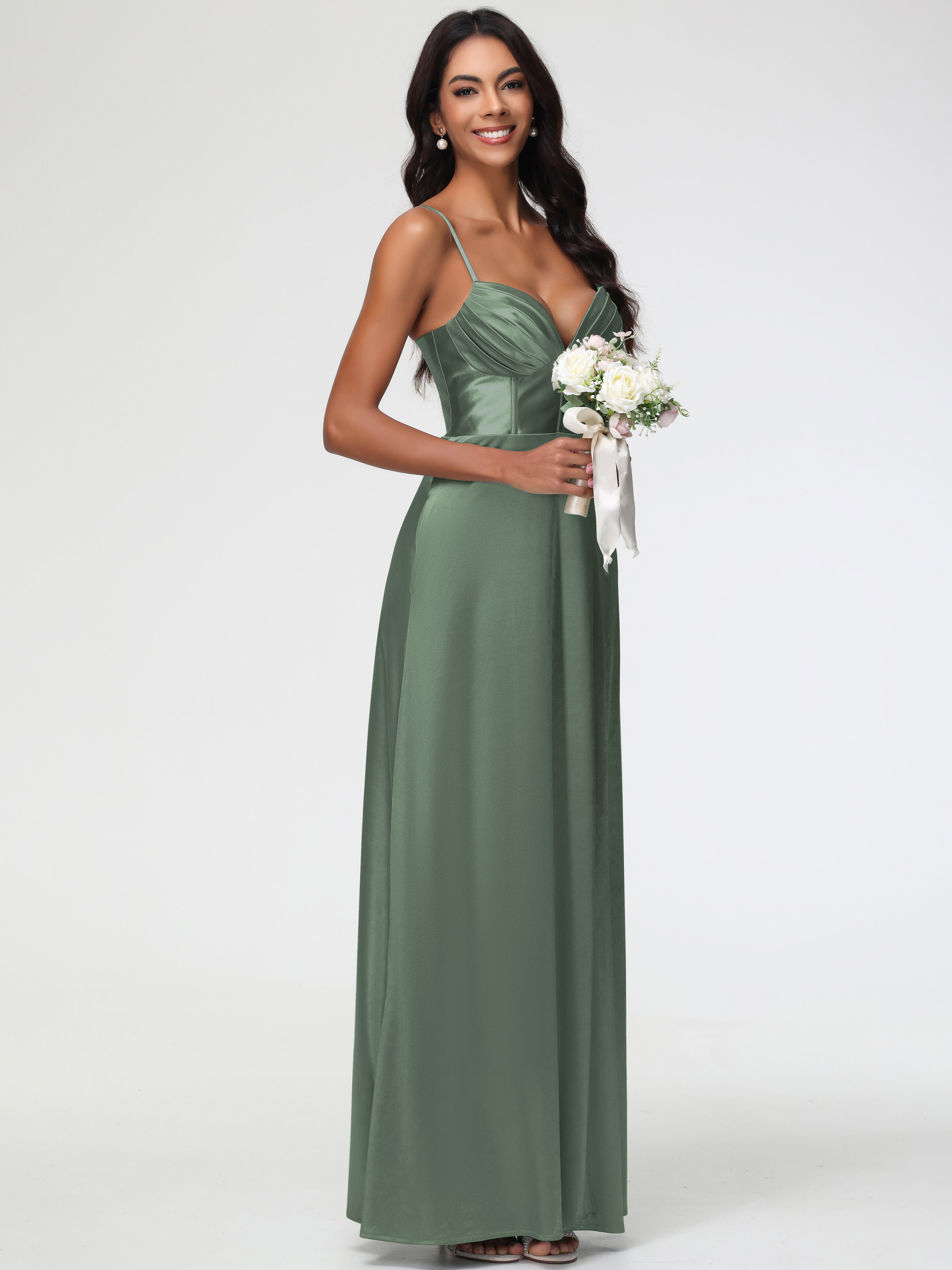 Robes De Demoiselle D'Honneur Olive Bretelles Spaghetti Trapèze Satin Extensible Fendue Robe De Demoiselle D'Honneur