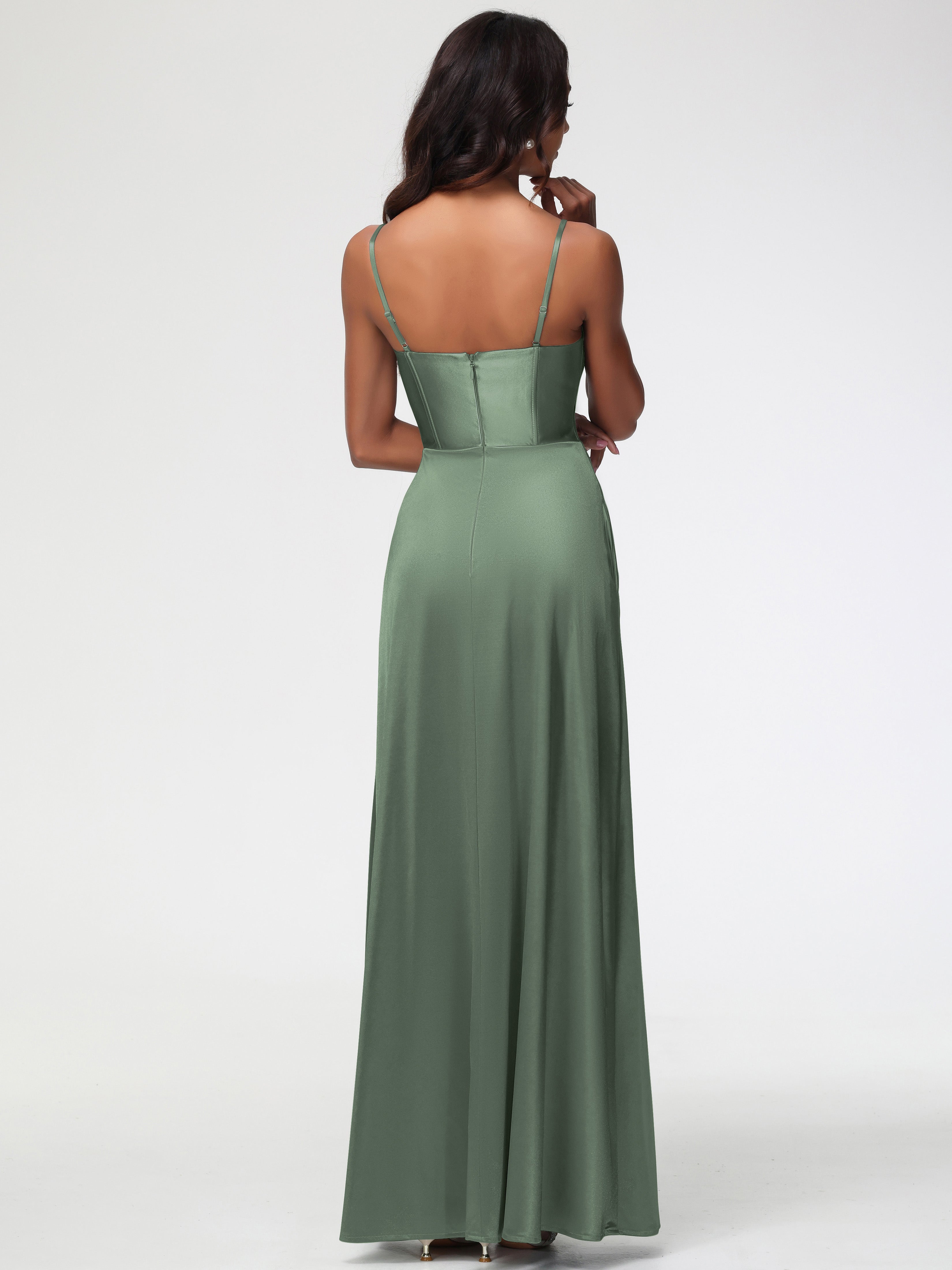 Robes De Demoiselle D'Honneur Olive Bretelles Spaghetti Trapèze Satin Extensible Fendue Robe De Demoiselle D'Honneur