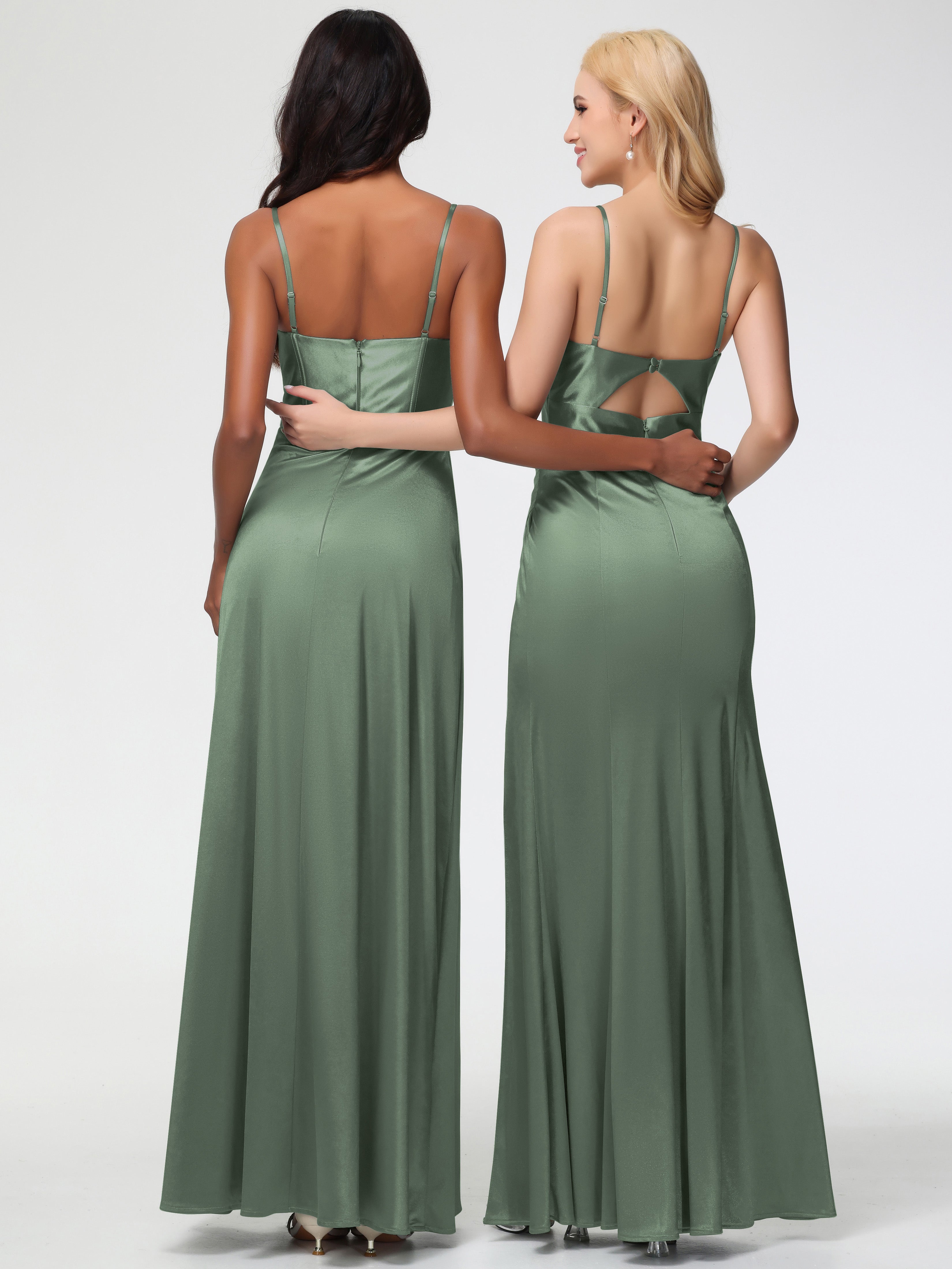 Robes De Demoiselle D'Honneur Olive Bretelles Spaghetti Trapèze Satin Extensible Fendue Robe De Demoiselle D'Honneur