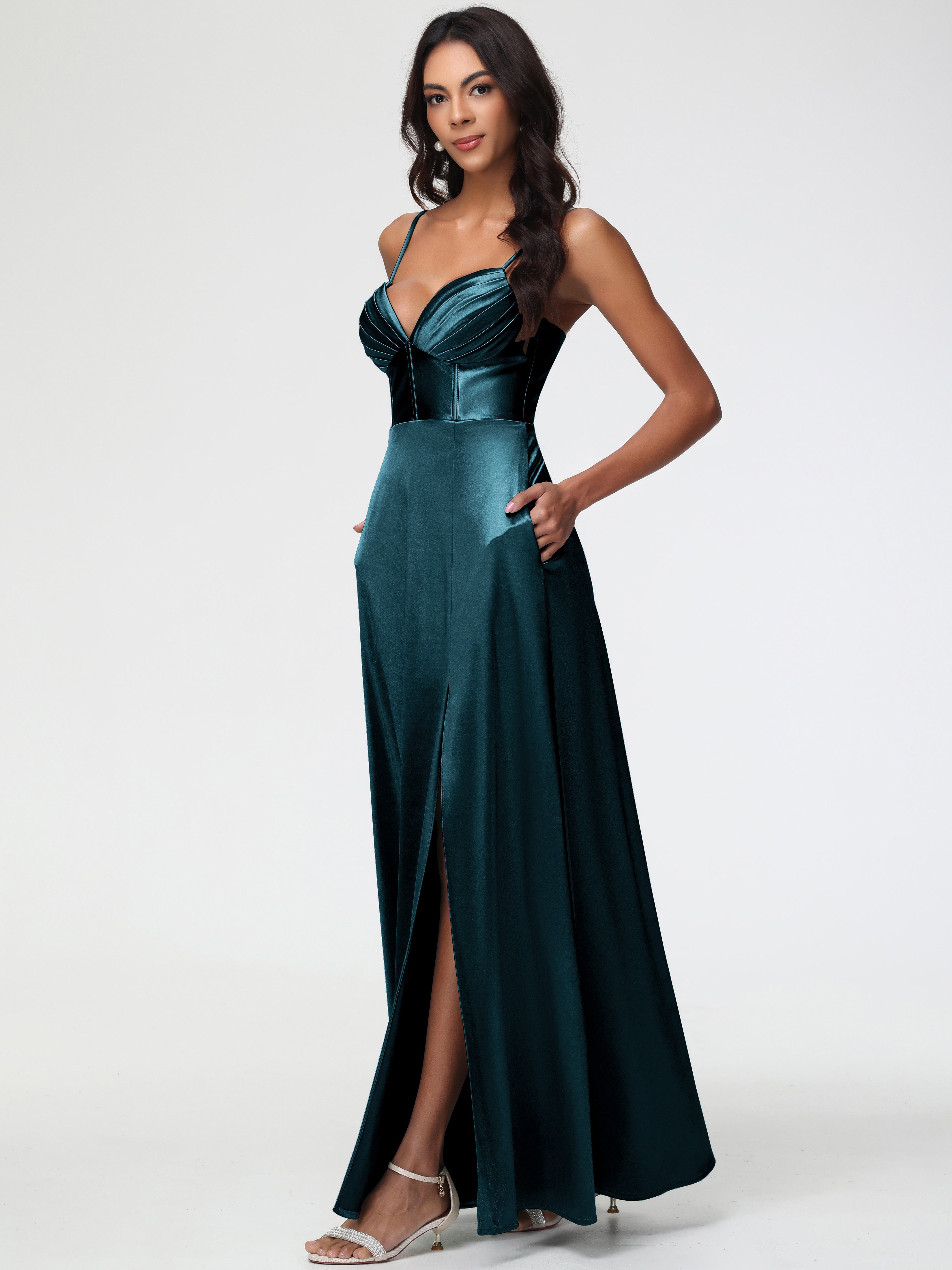 Robes De Demoiselle D'Honneur Paon Bretelles Spaghetti Trapèze Satin Extensible Fendue Robe De Demoiselle D'Honneur