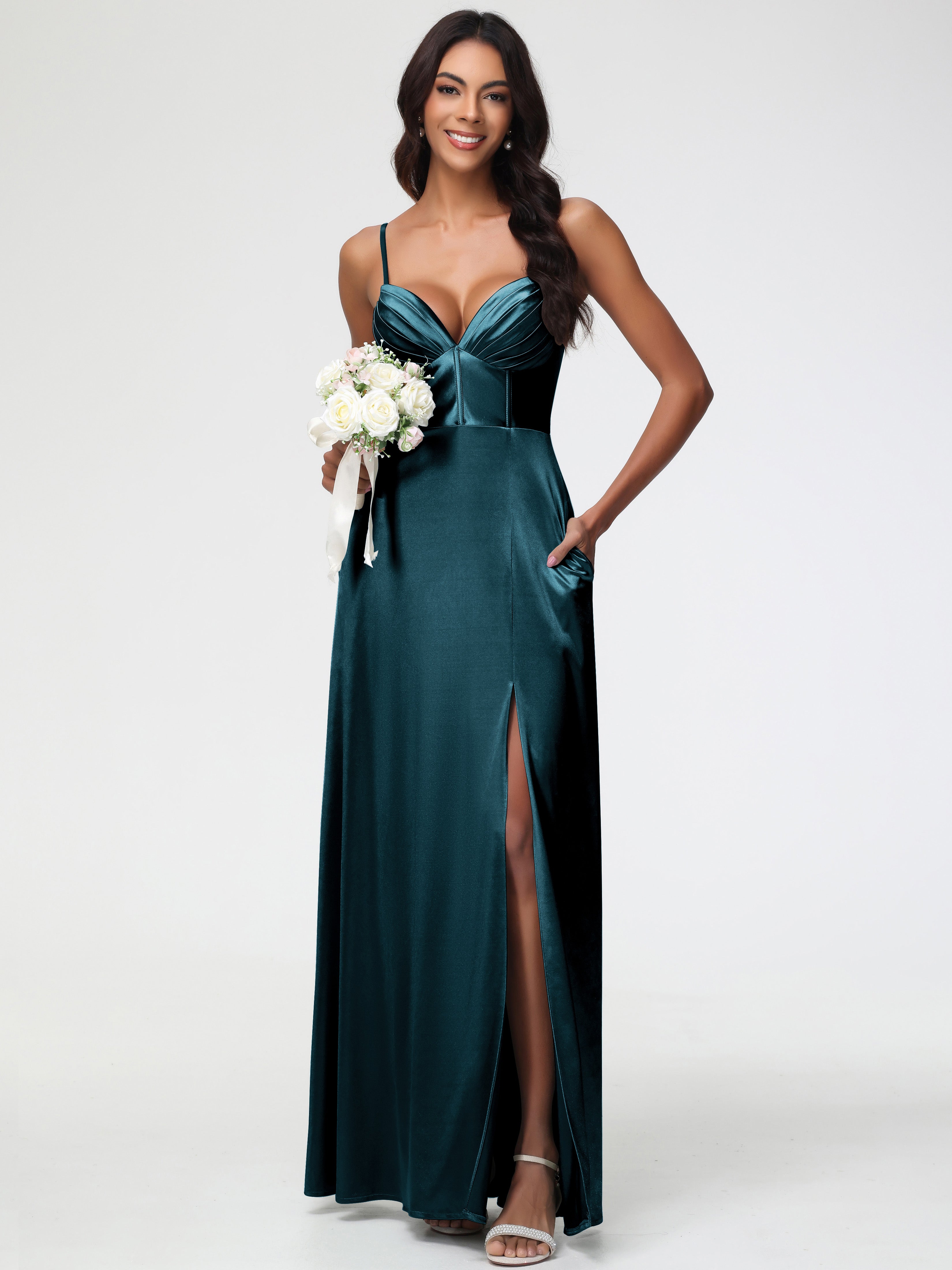 Robes De Demoiselle D'Honneur Paon Bretelles Spaghetti Trapèze Satin Extensible Fendue Robe De Demoiselle D'Honneur