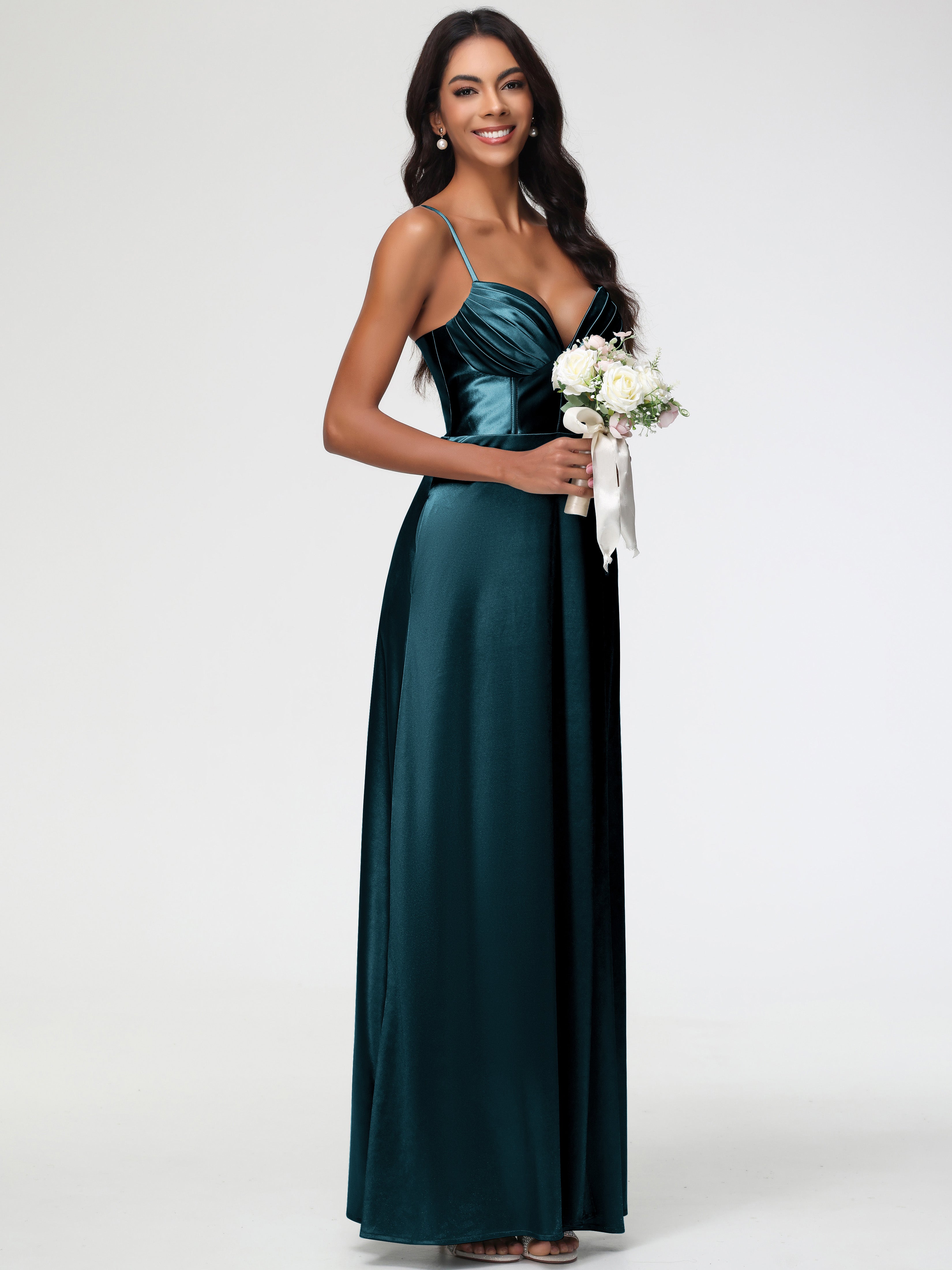 Robes De Demoiselle D'Honneur Paon Bretelles Spaghetti Trapèze Satin Extensible Fendue Robe De Demoiselle D'Honneur