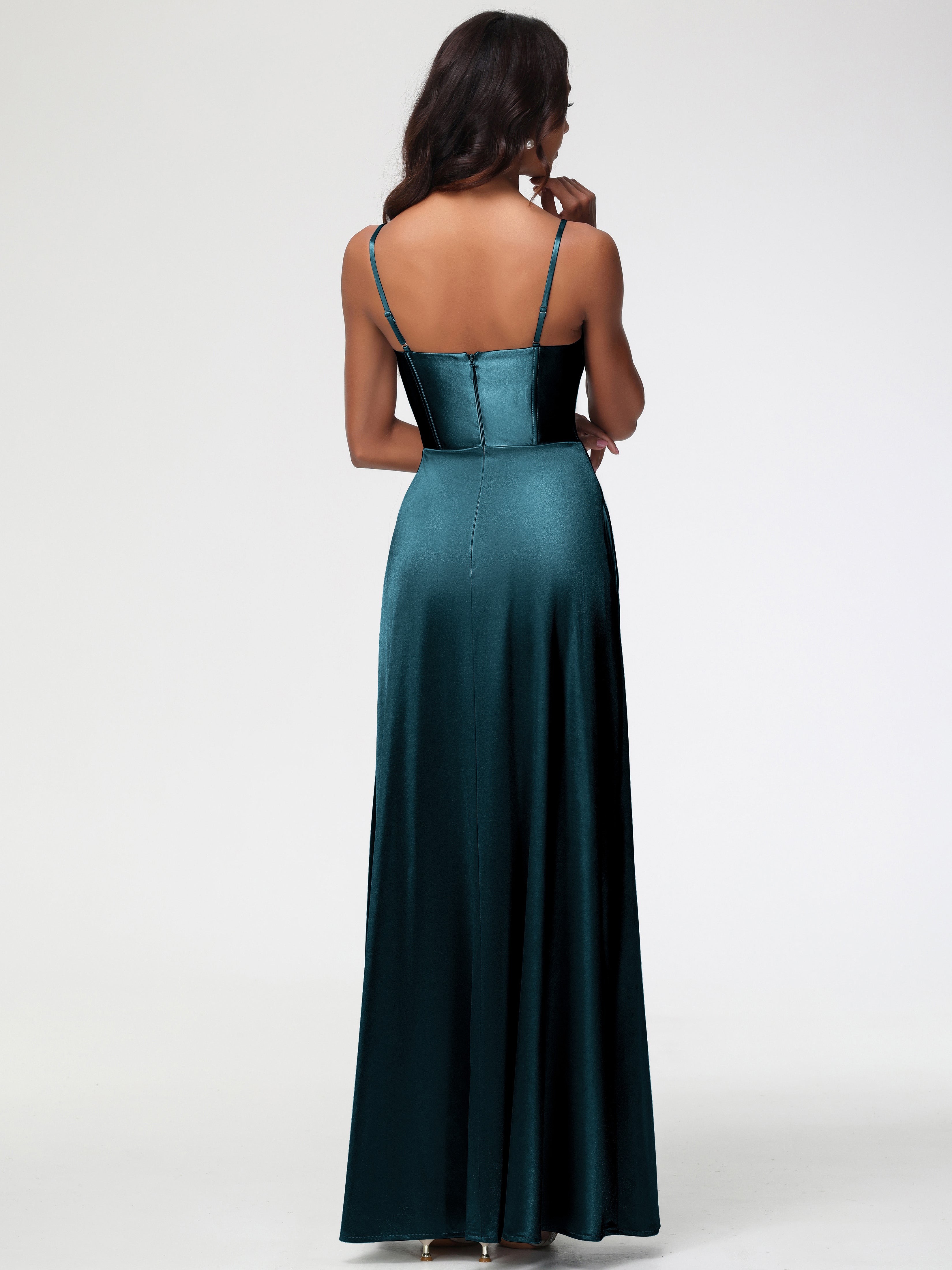 Robes De Demoiselle D'Honneur Paon Bretelles Spaghetti Trapèze Satin Extensible Fendue Robe De Demoiselle D'Honneur