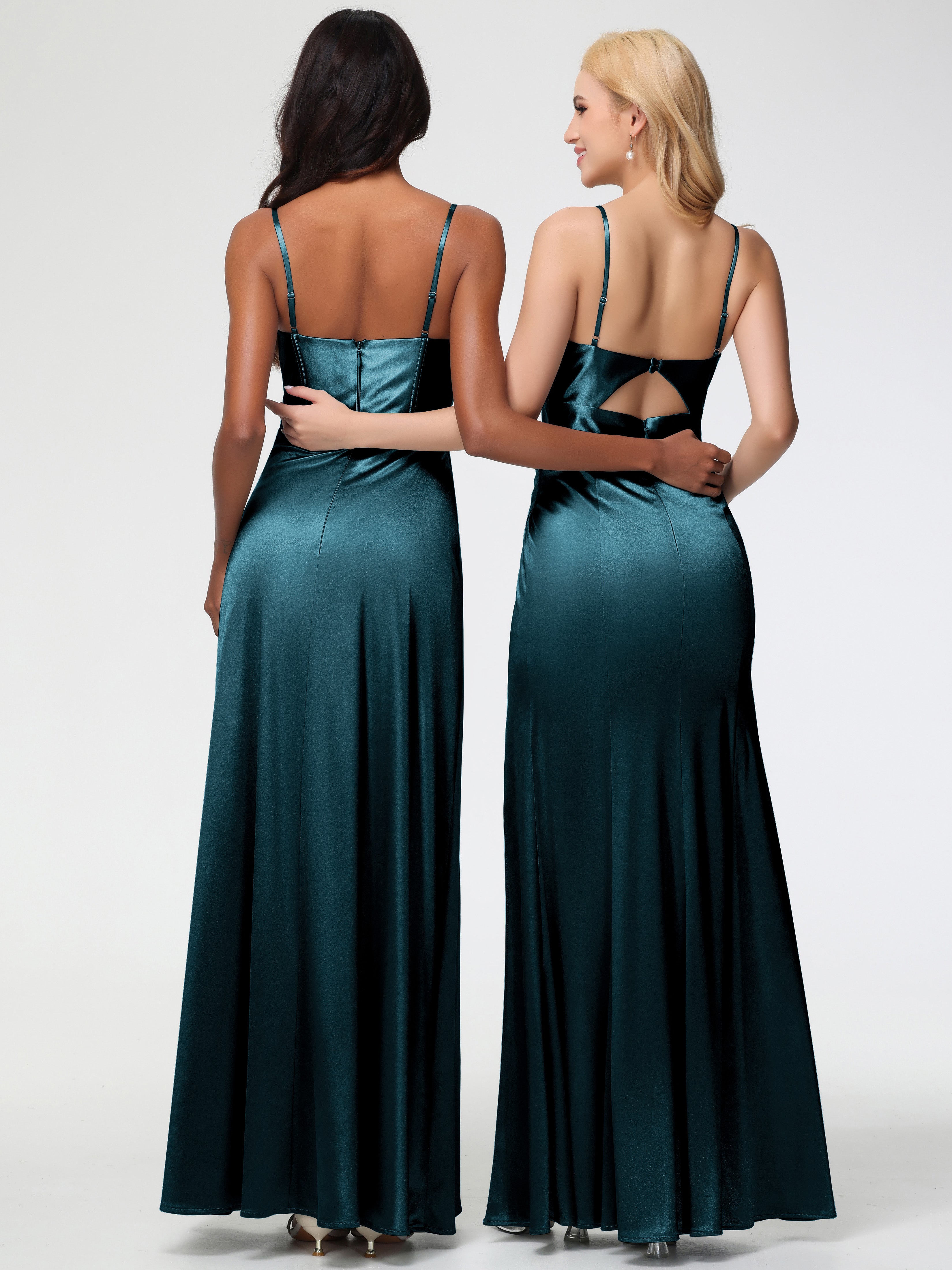 Robes De Demoiselle D'Honneur Paon Bretelles Spaghetti Trapèze Satin Extensible Fendue Robe De Demoiselle D'Honneur