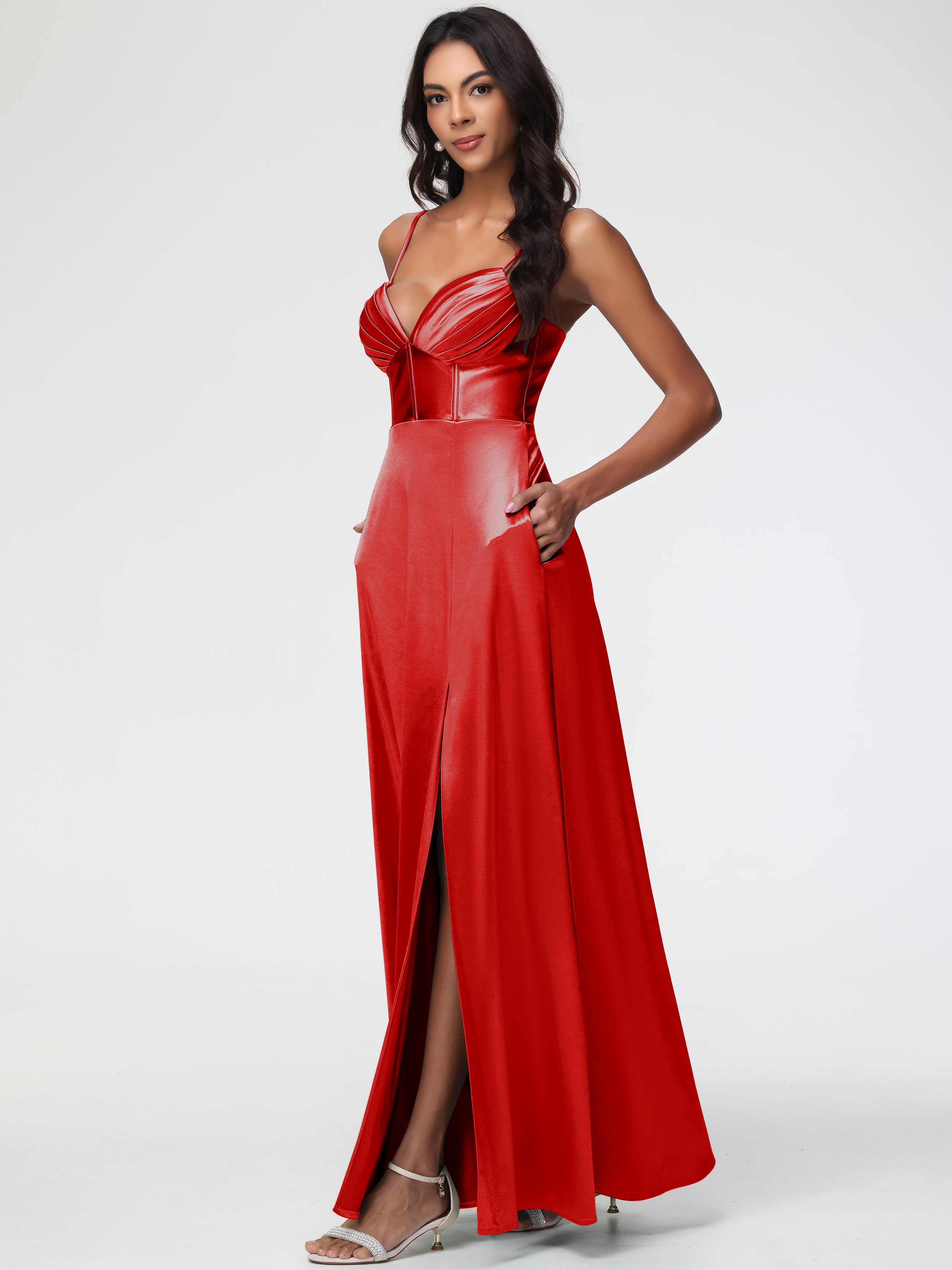 Robe Demoiselle D Honneur Rouge Bretelles Spaghetti Trapèze Satin Extensible Fendue Robe De Demoiselle D'Honneur