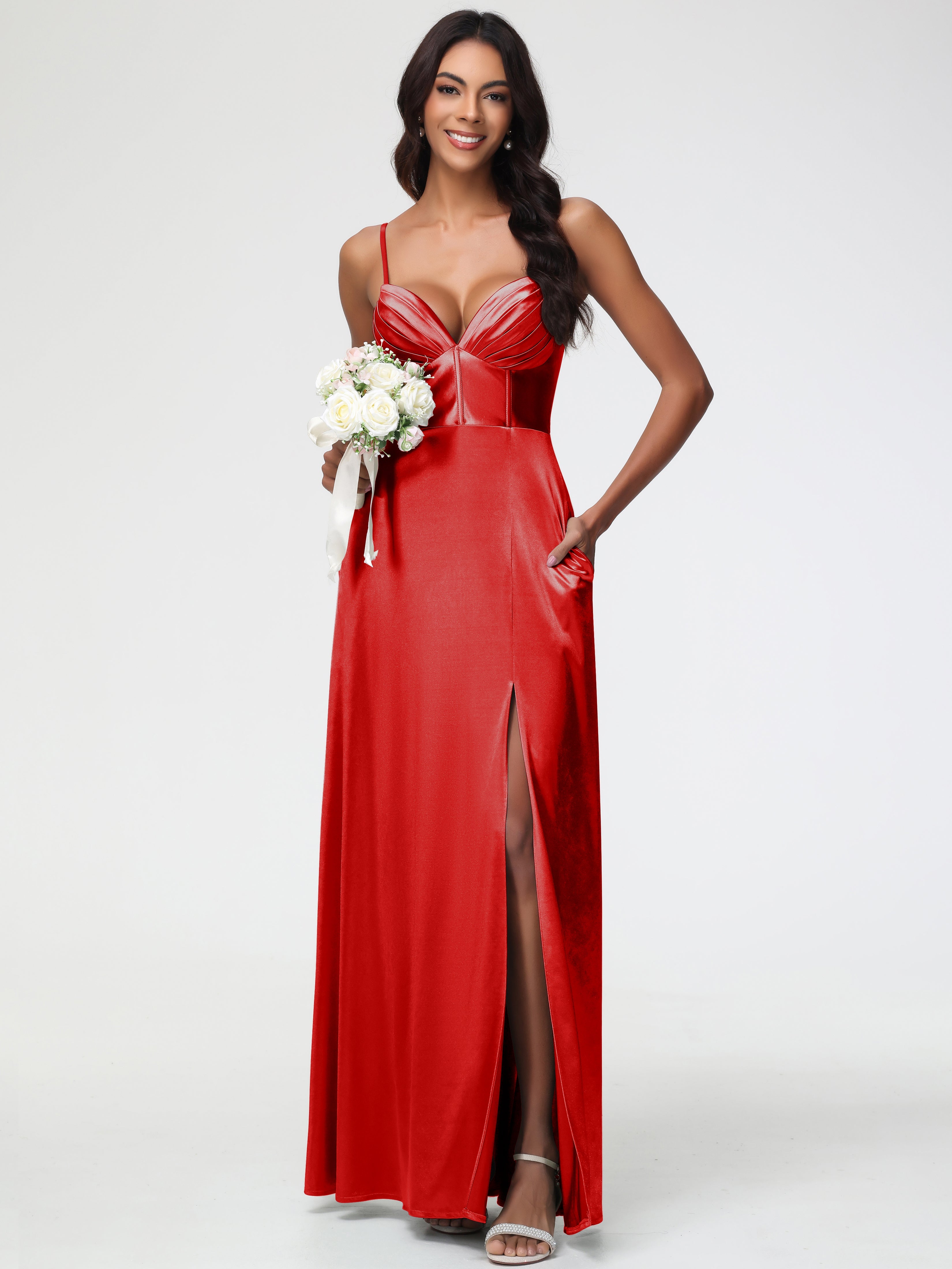 Robe Demoiselle D Honneur Rouge Bretelles Spaghetti Trapèze Satin Extensible Fendue Robe De Demoiselle D'Honneur