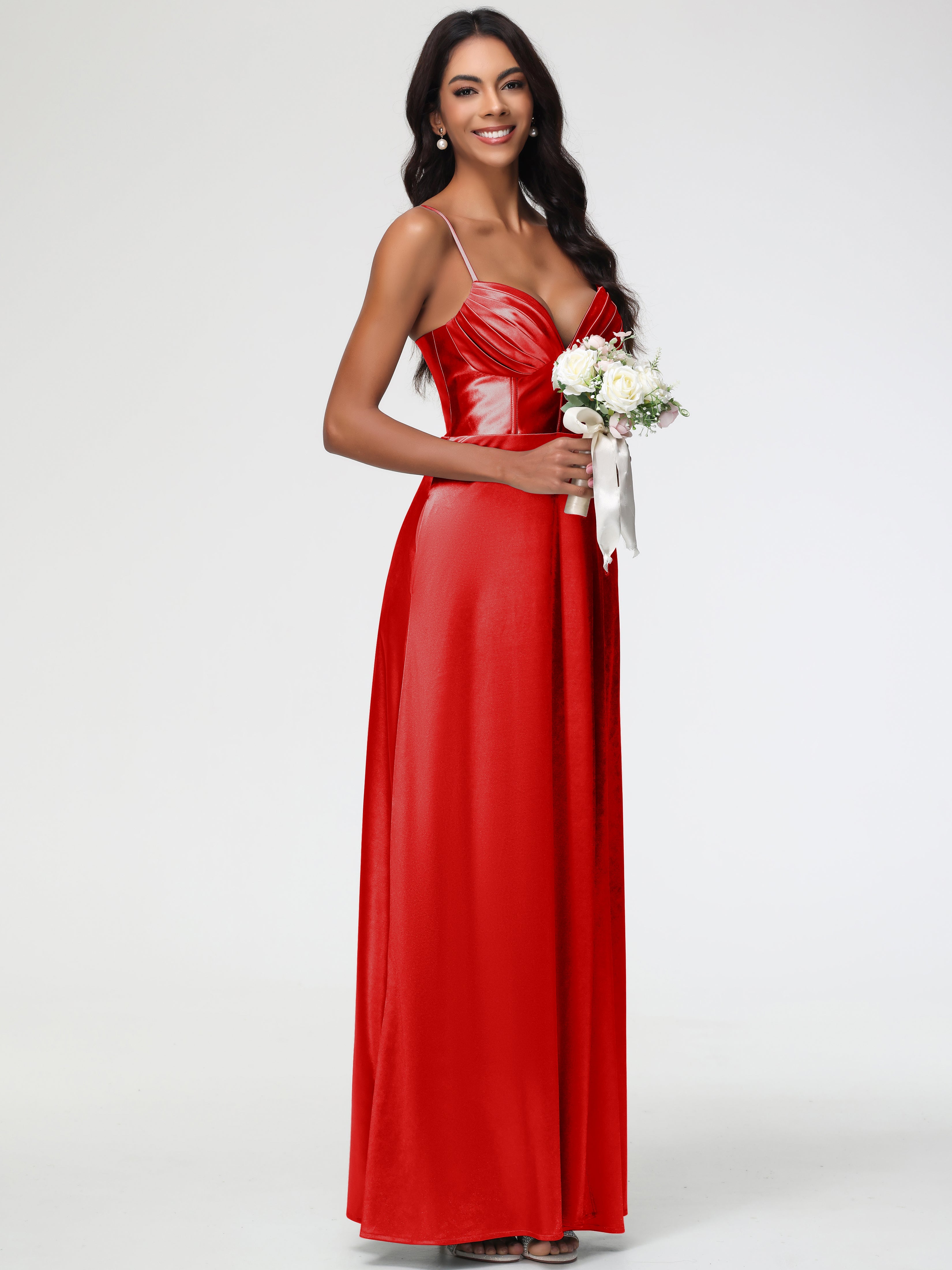 Robe Demoiselle D Honneur Rouge Bretelles Spaghetti Trapèze Satin Extensible Fendue Robe De Demoiselle D'Honneur