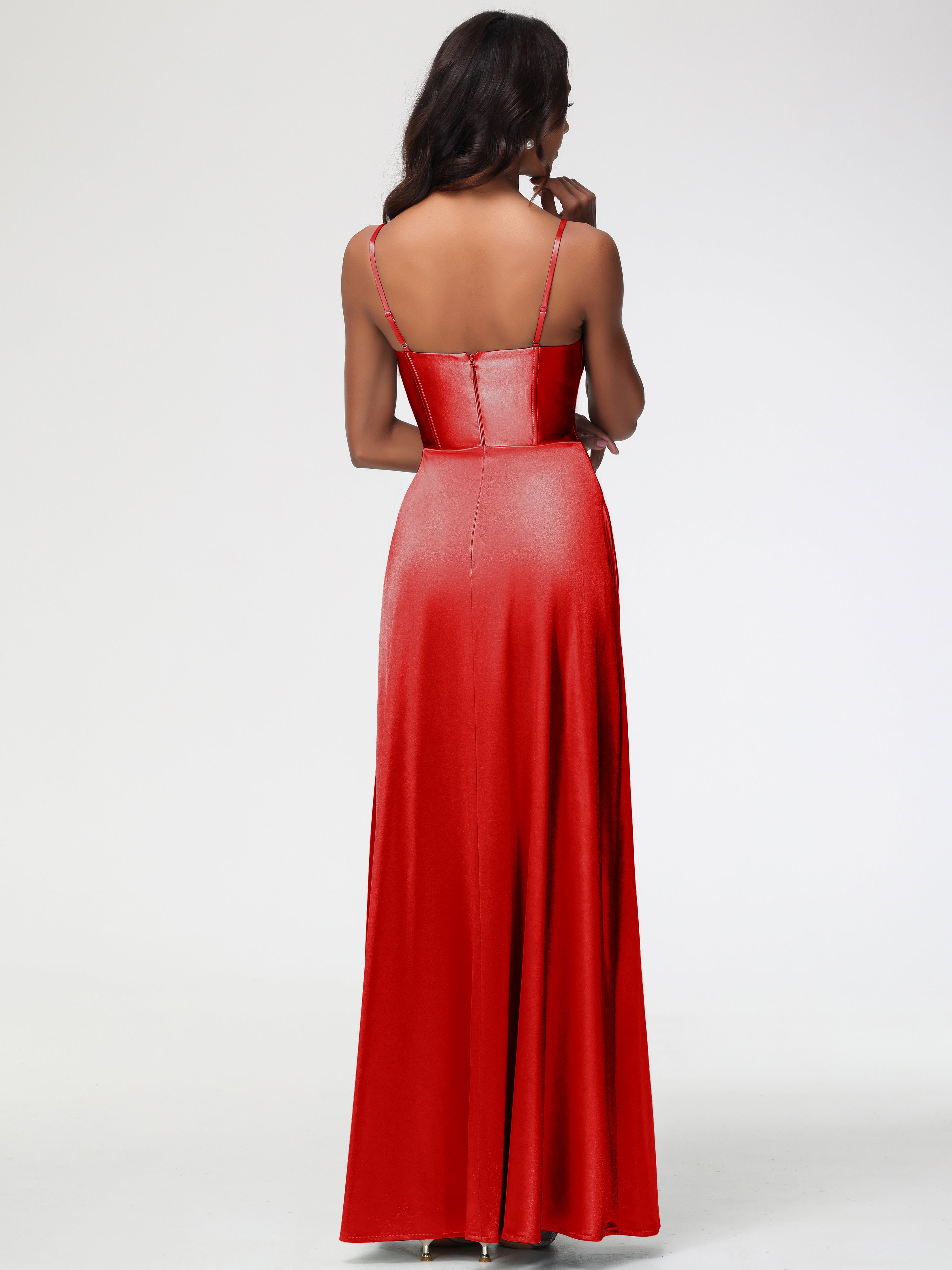 Robe Demoiselle D Honneur Rouge Bretelles Spaghetti Trapèze Satin Extensible Fendue Robe De Demoiselle D'Honneur