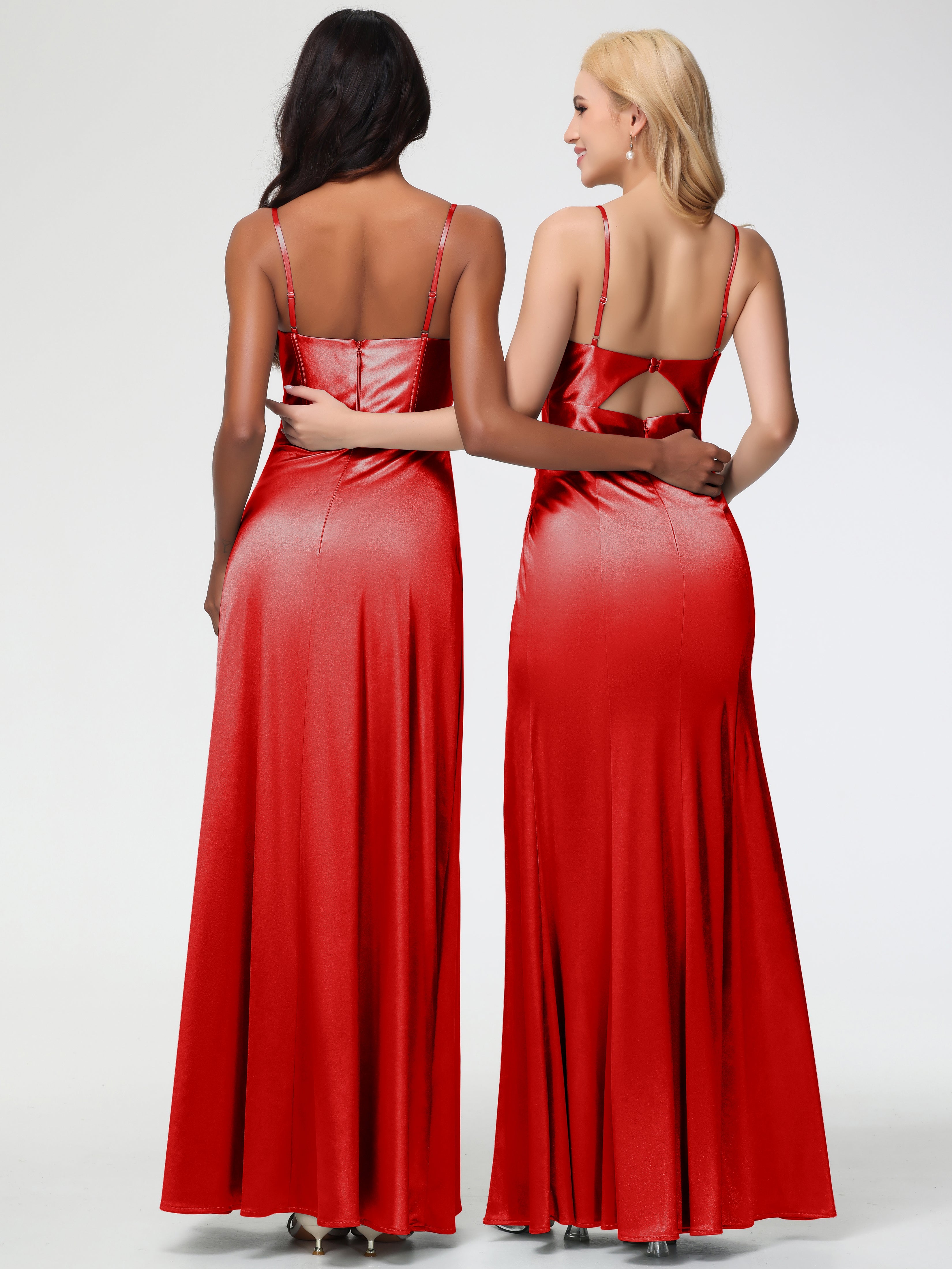 Robe Demoiselle D Honneur Rouge Bretelles Spaghetti Trapèze Satin Extensible Fendue Robe De Demoiselle D'Honneur