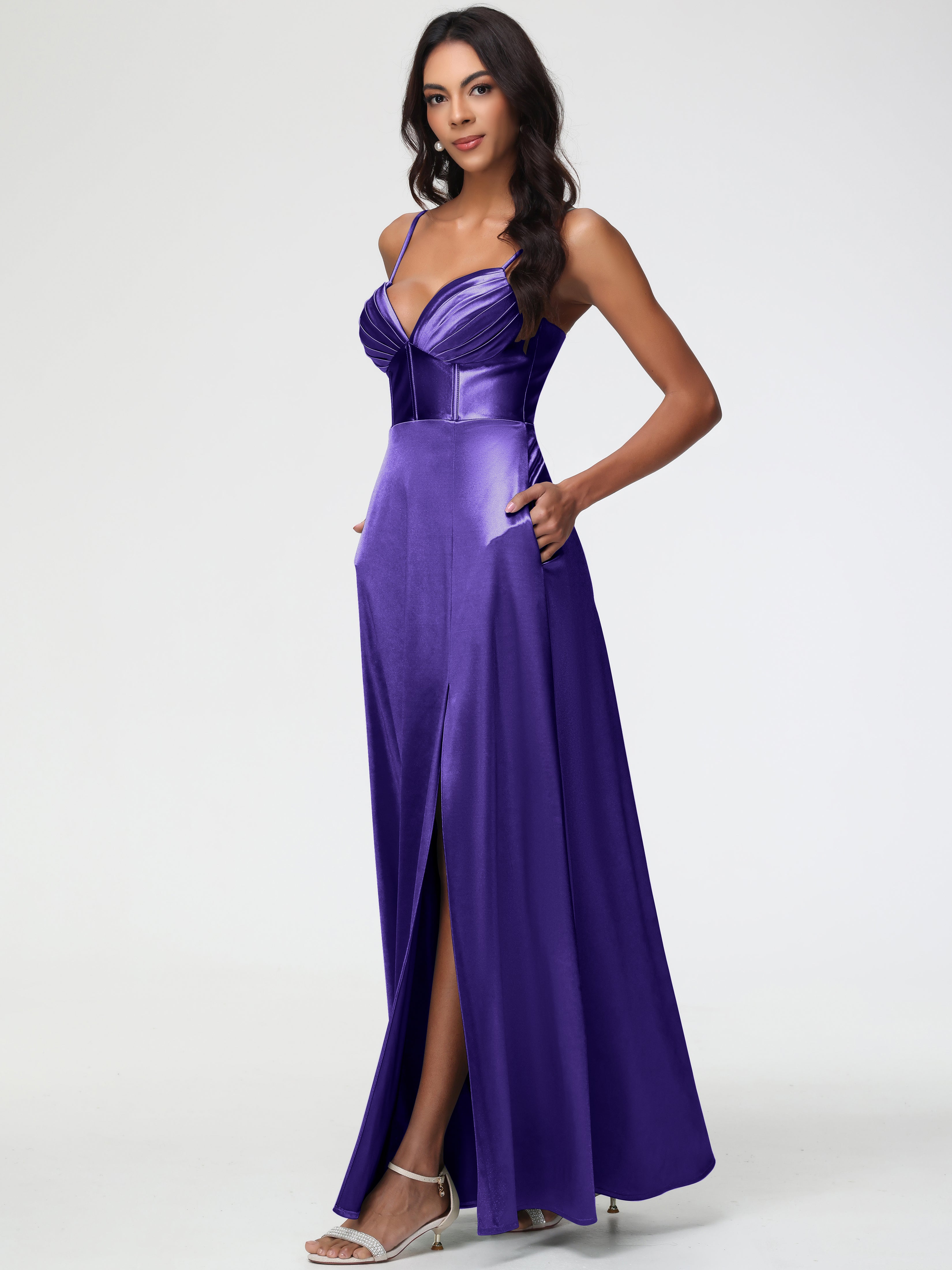Robes De Demoiselle D'Honneur En Régence Bretelles Spaghetti Trapèze Satin Extensible Fendue Robe De Demoiselle D'Honneur