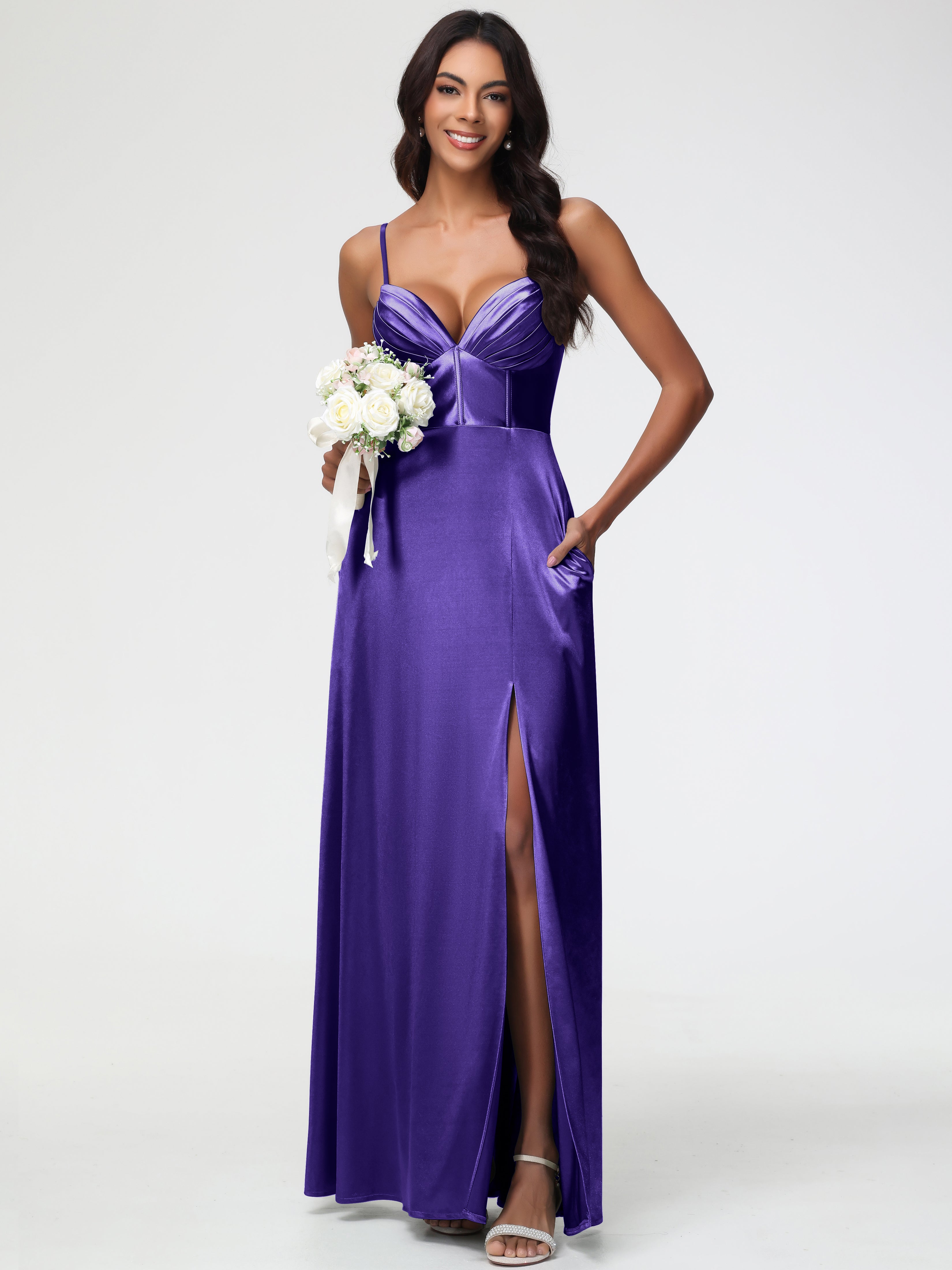 Robes De Demoiselle D'Honneur En Régence Bretelles Spaghetti Trapèze Satin Extensible Fendue Robe De Demoiselle D'Honneur