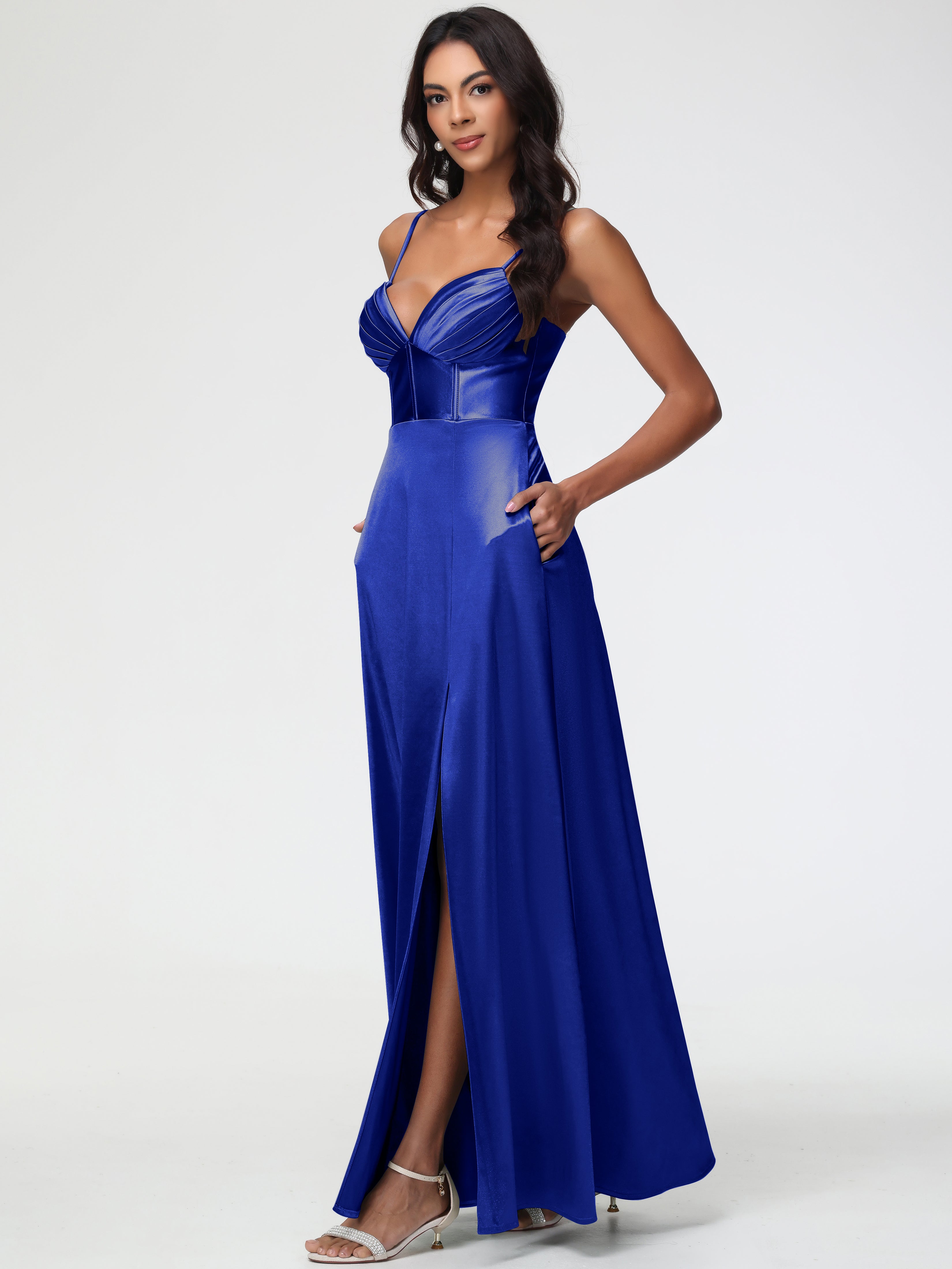 Bleu Royal Robe Demoiselle D Honneur Bleu Roi Bretelles Spaghetti Trapèze Satin Extensible Fendue Robe De Demoiselle D'Honneur