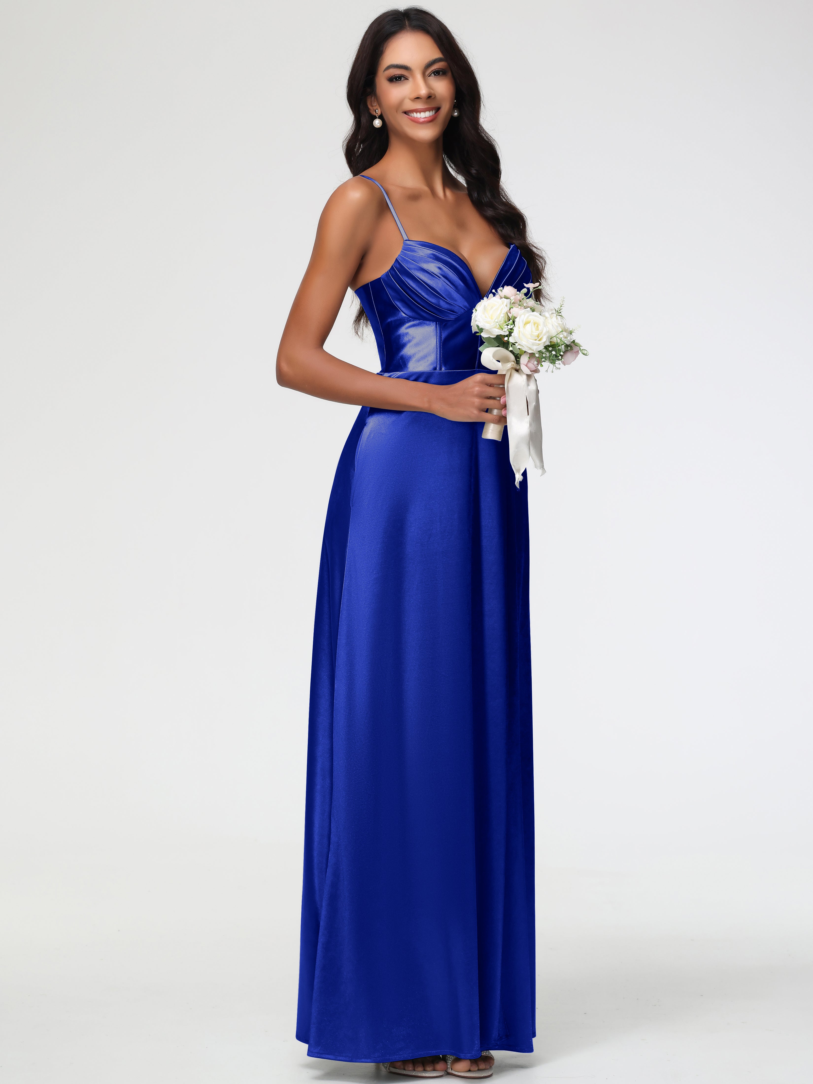 Bleu Royal Robe Demoiselle D Honneur Bleu Roi Bretelles Spaghetti Trapèze Satin Extensible Fendue Robe De Demoiselle D'Honneur