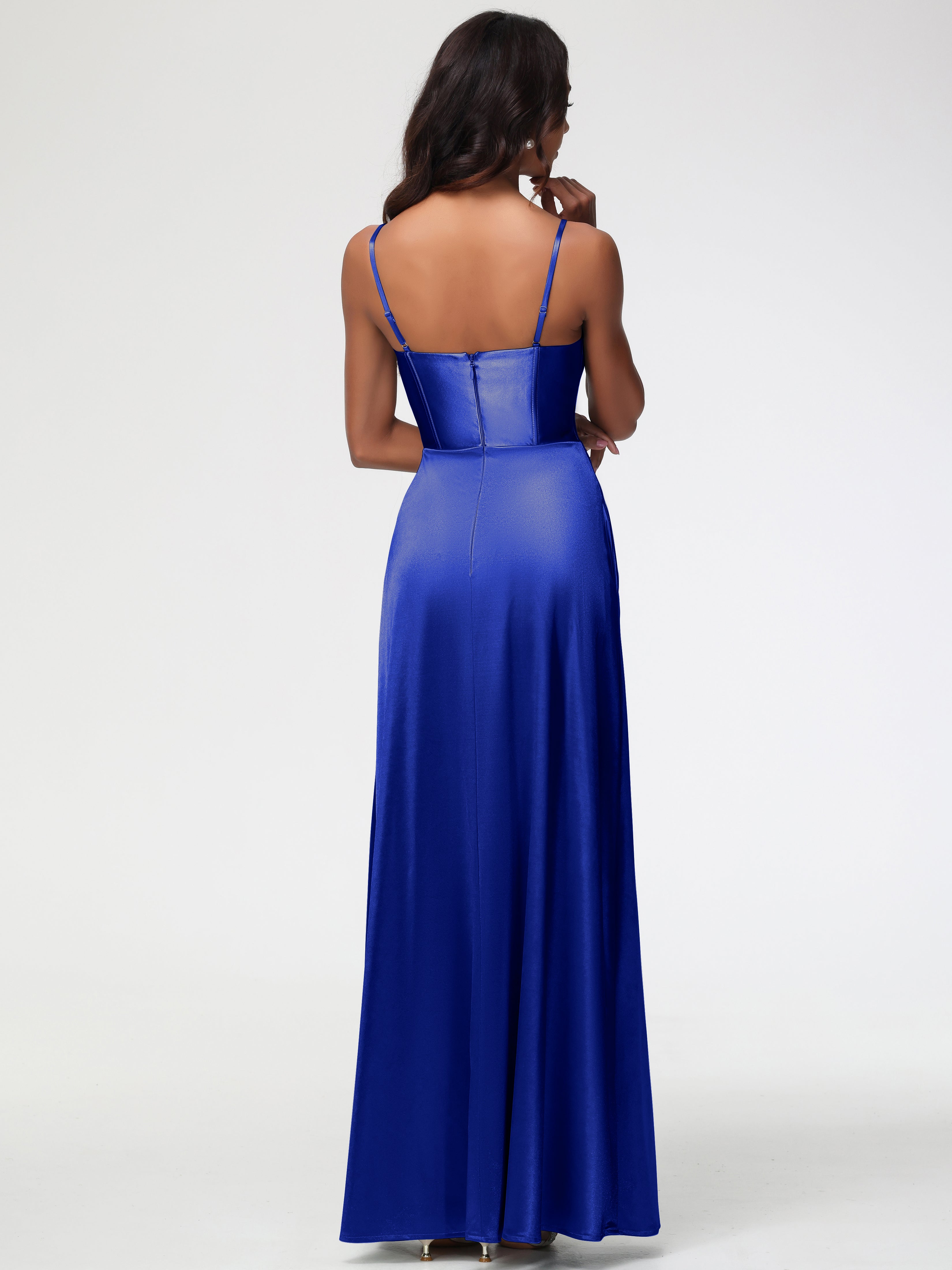 Bleu Royal Robe Demoiselle D Honneur Bleu Roi Bretelles Spaghetti Trapèze Satin Extensible Fendue Robe De Demoiselle D'Honneur