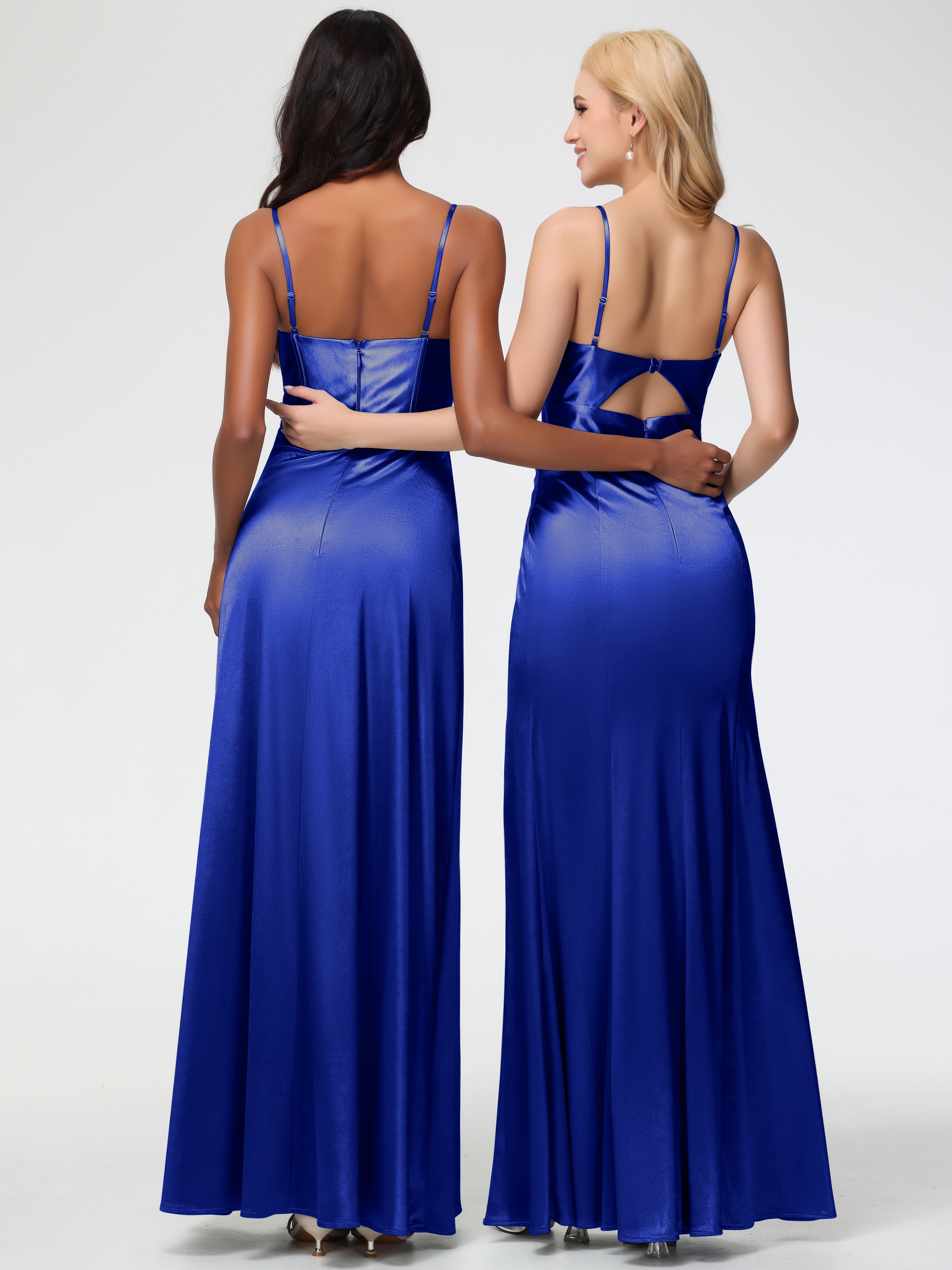 Bleu Royal Robe Demoiselle D Honneur Bleu Roi Bretelles Spaghetti Trapèze Satin Extensible Fendue Robe De Demoiselle D'Honneur