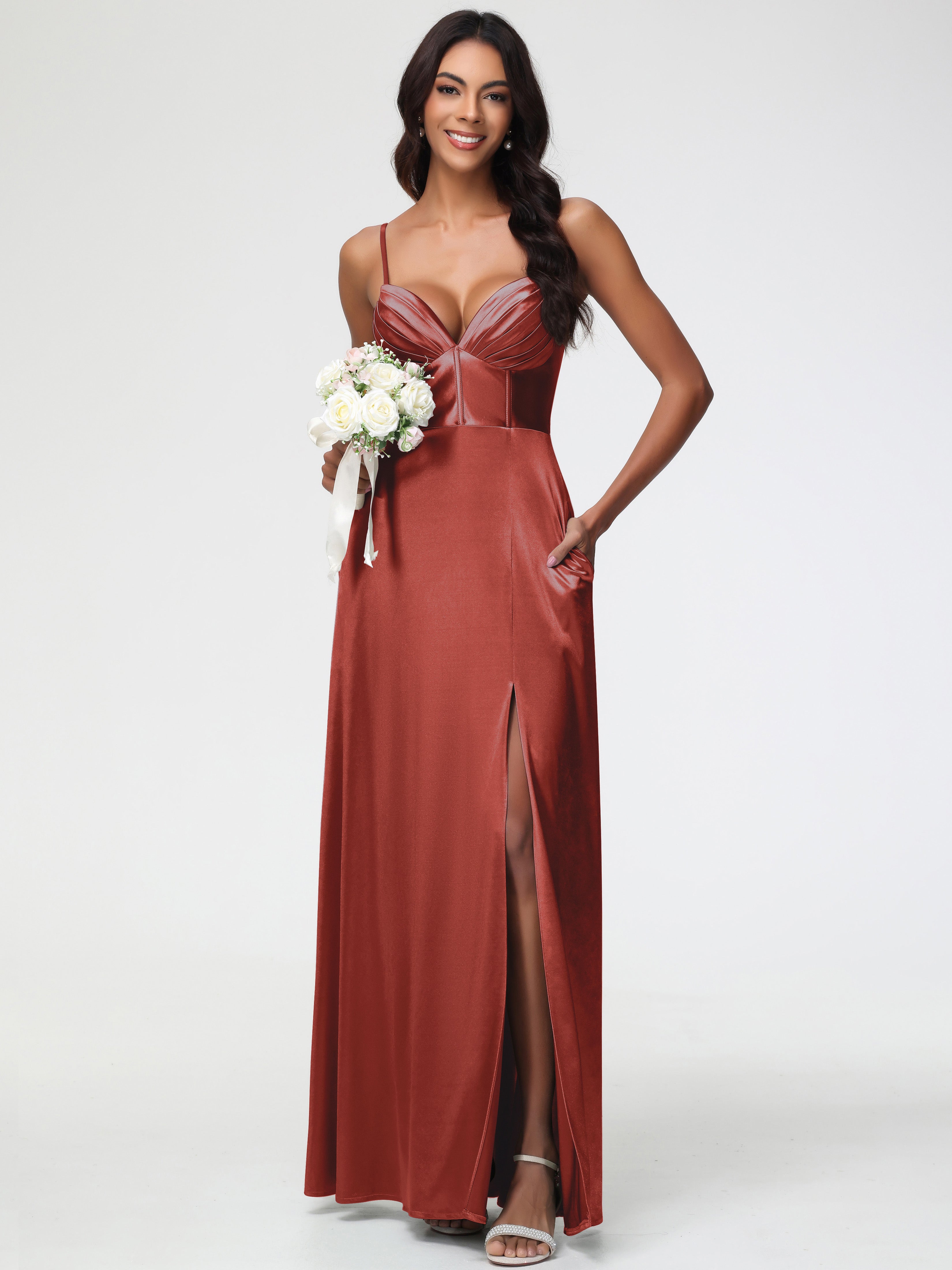 Robe Demoiselle D Honneur Rouille Bretelles Spaghetti Trapèze Satin Extensible Fendue Robe De Demoiselle D'Honneur
