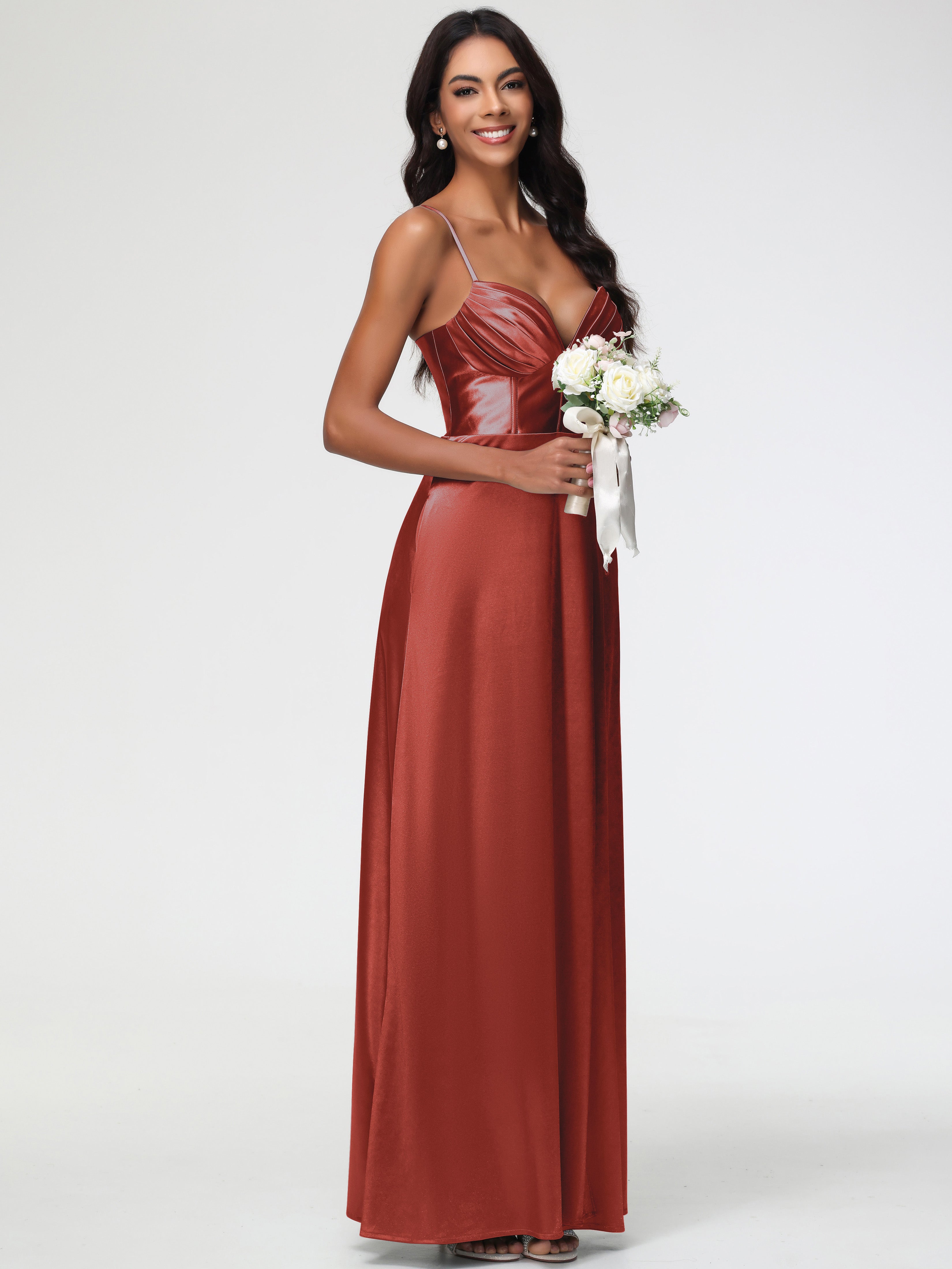 Robe Demoiselle D Honneur Rouille Bretelles Spaghetti Trapèze Satin Extensible Fendue Robe De Demoiselle D'Honneur
