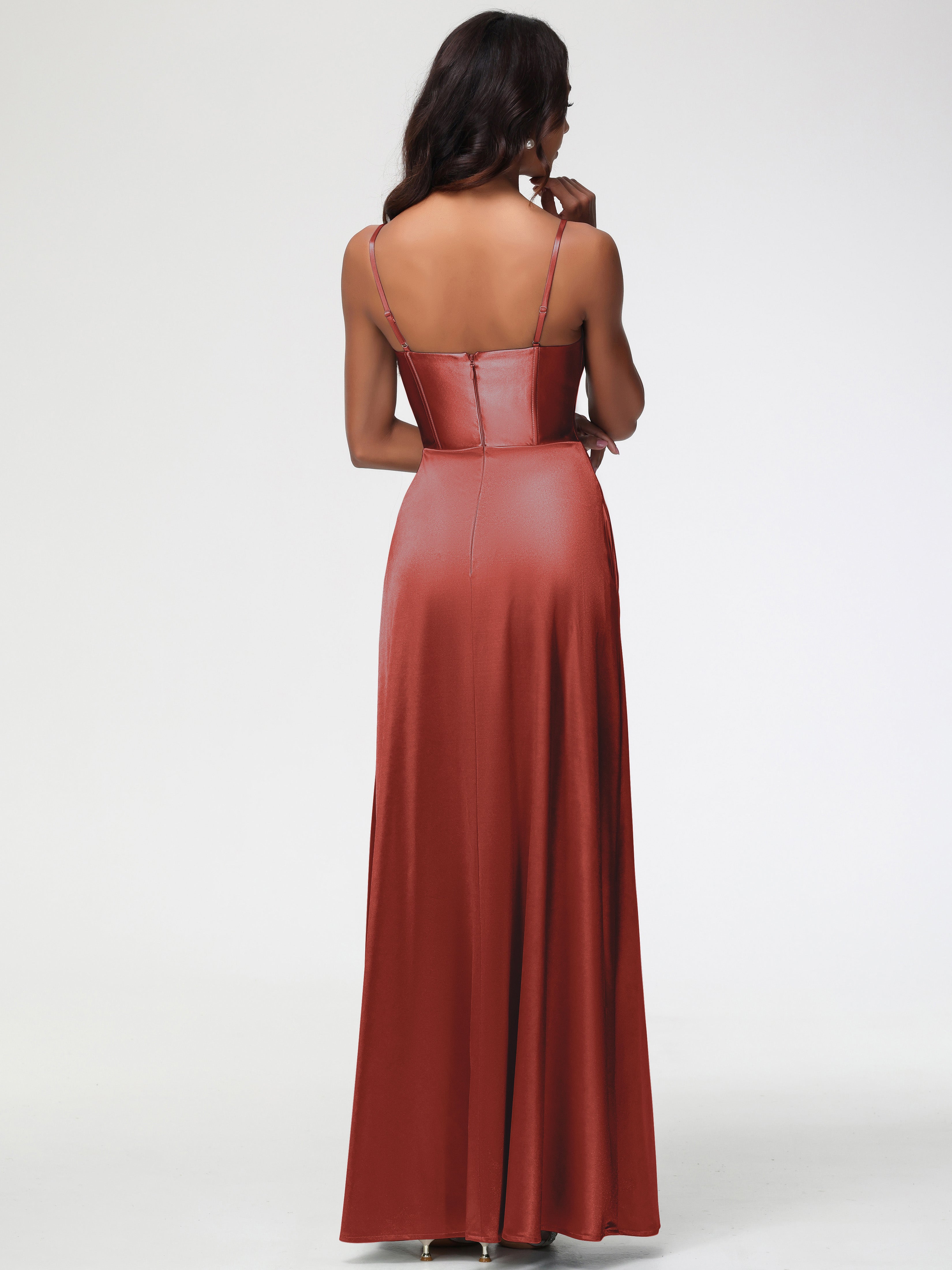 Robe Demoiselle D Honneur Rouille Bretelles Spaghetti Trapèze Satin Extensible Fendue Robe De Demoiselle D'Honneur
