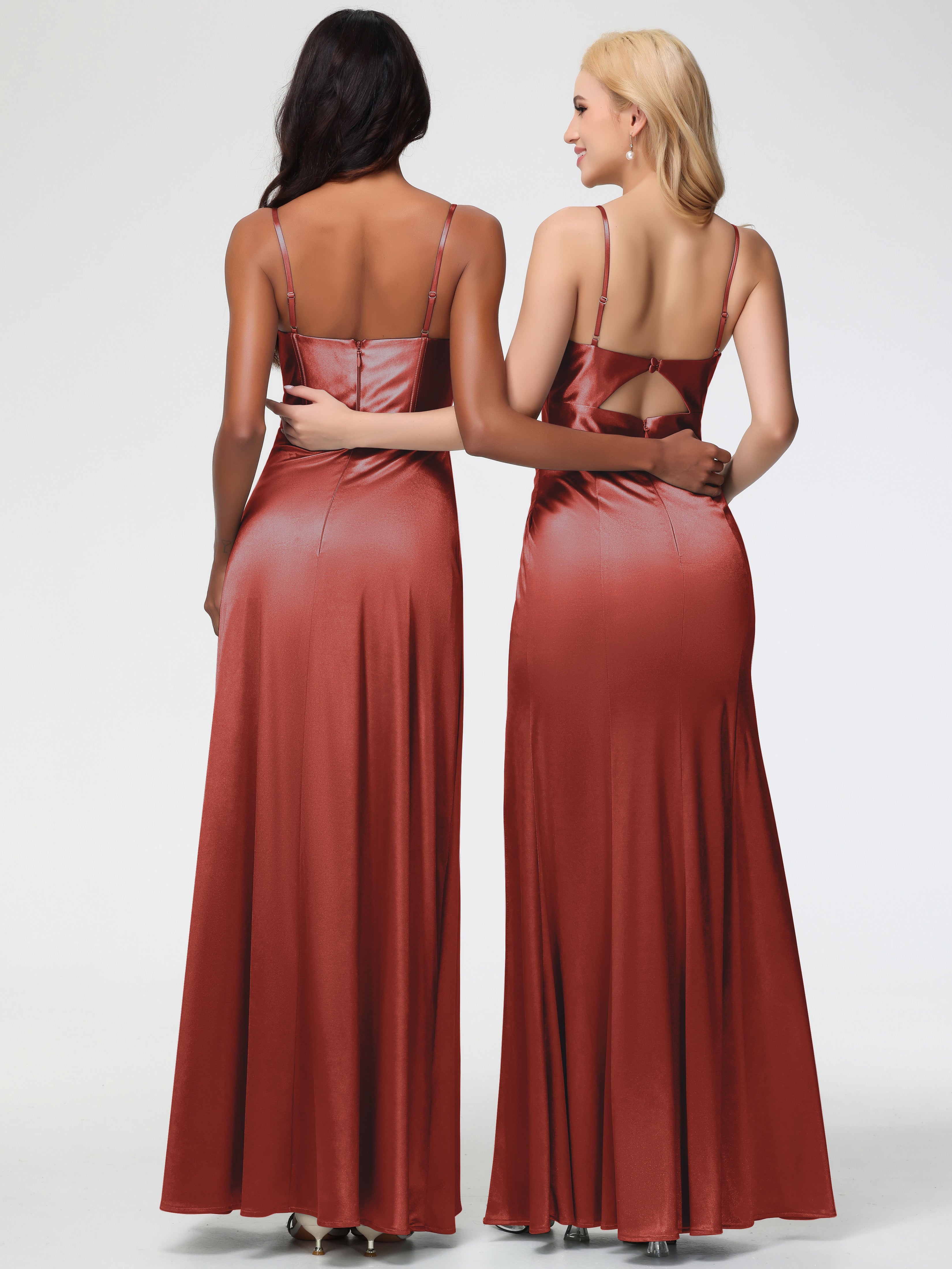 Robe Demoiselle D Honneur Rouille Bretelles Spaghetti Trapèze Satin Extensible Fendue Robe De Demoiselle D'Honneur