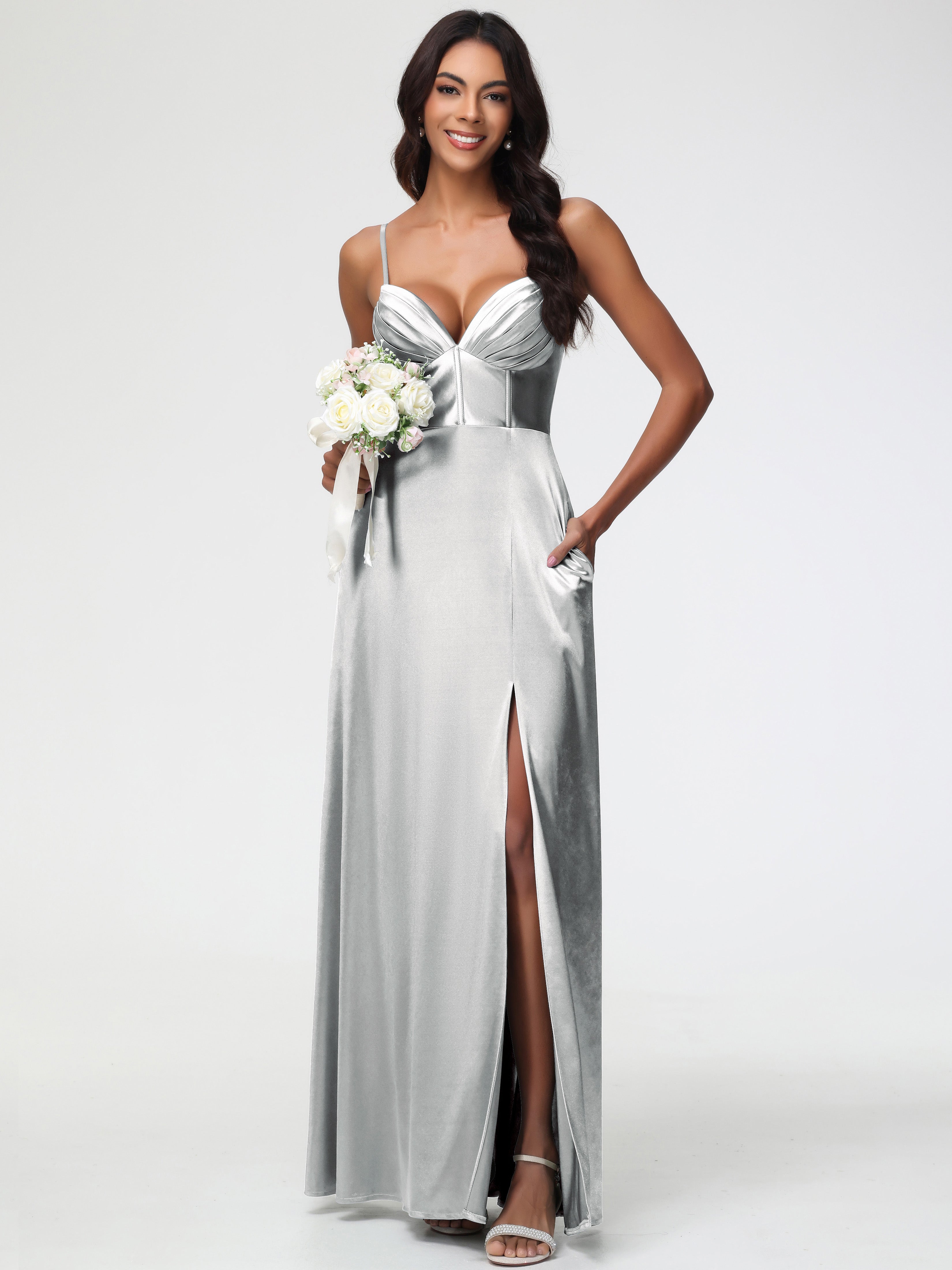 Robes De Demoiselle D'Honneur En Argent Bretelles Spaghetti Trapèze Satin Extensible Fendue Robe De Demoiselle D'Honneur