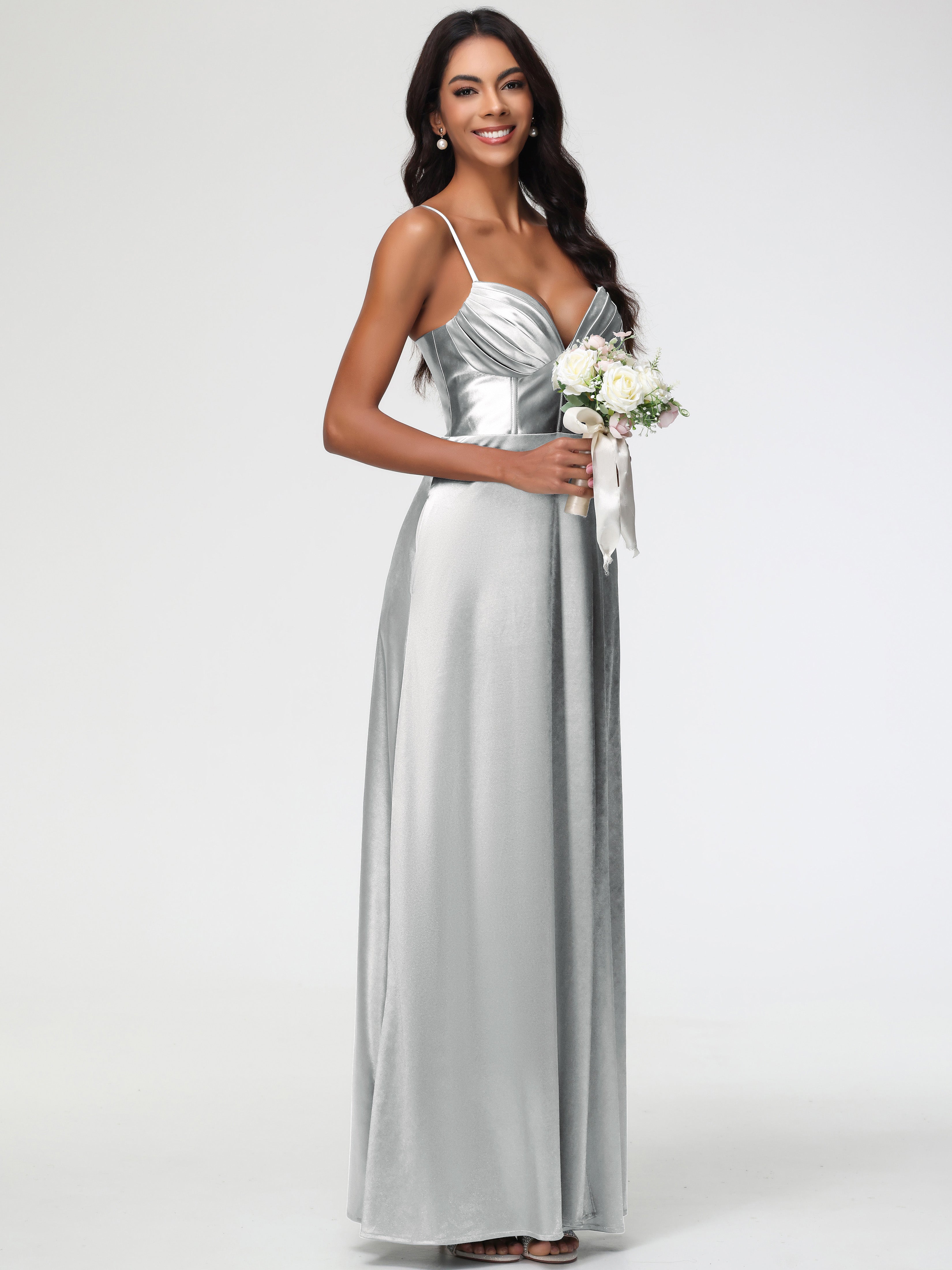 Robes De Demoiselle D'Honneur En Argent Bretelles Spaghetti Trapèze Satin Extensible Fendue Robe De Demoiselle D'Honneur