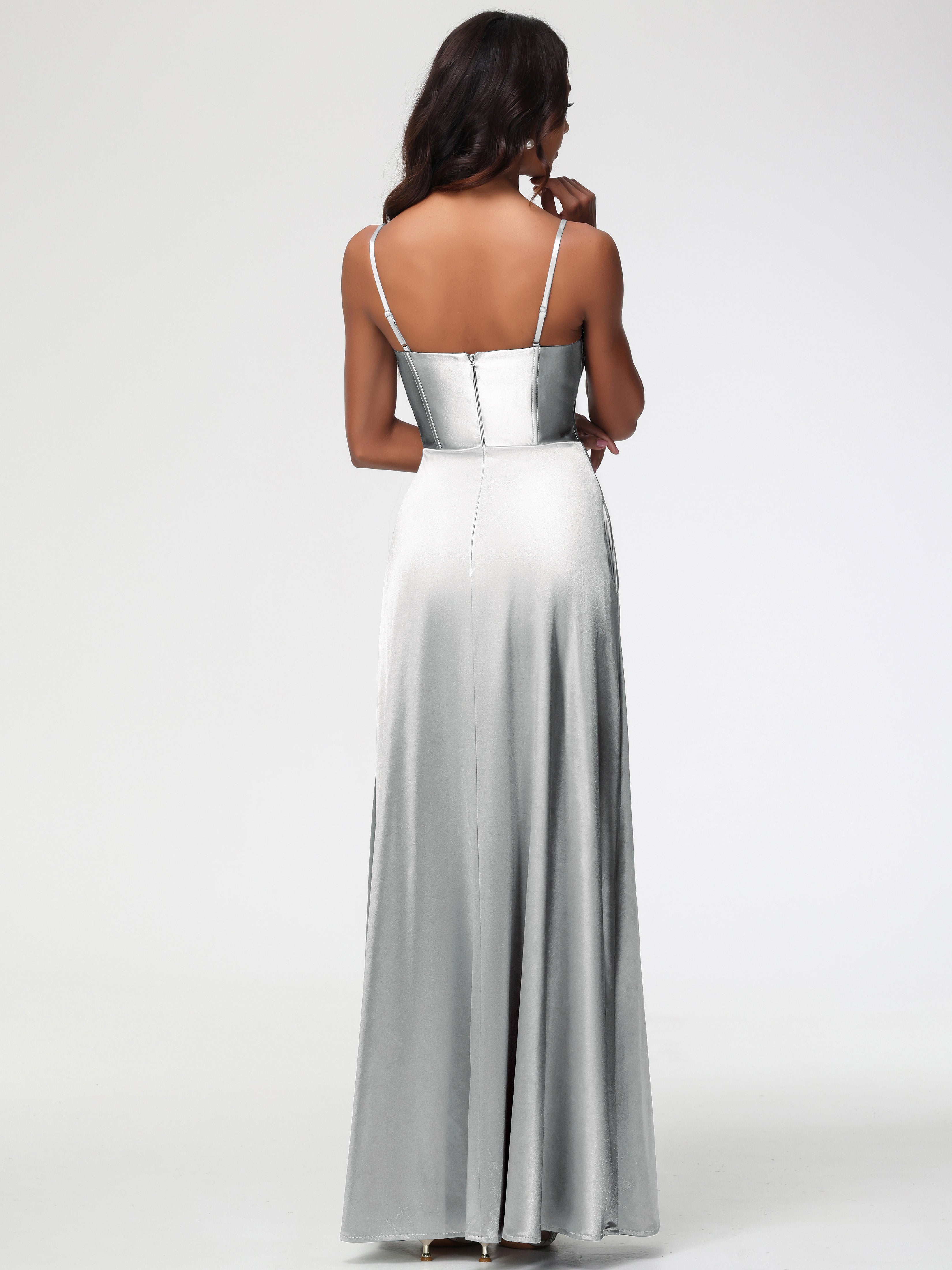 Robes De Demoiselle D'Honneur En Argent Bretelles Spaghetti Trapèze Satin Extensible Fendue Robe De Demoiselle D'Honneur