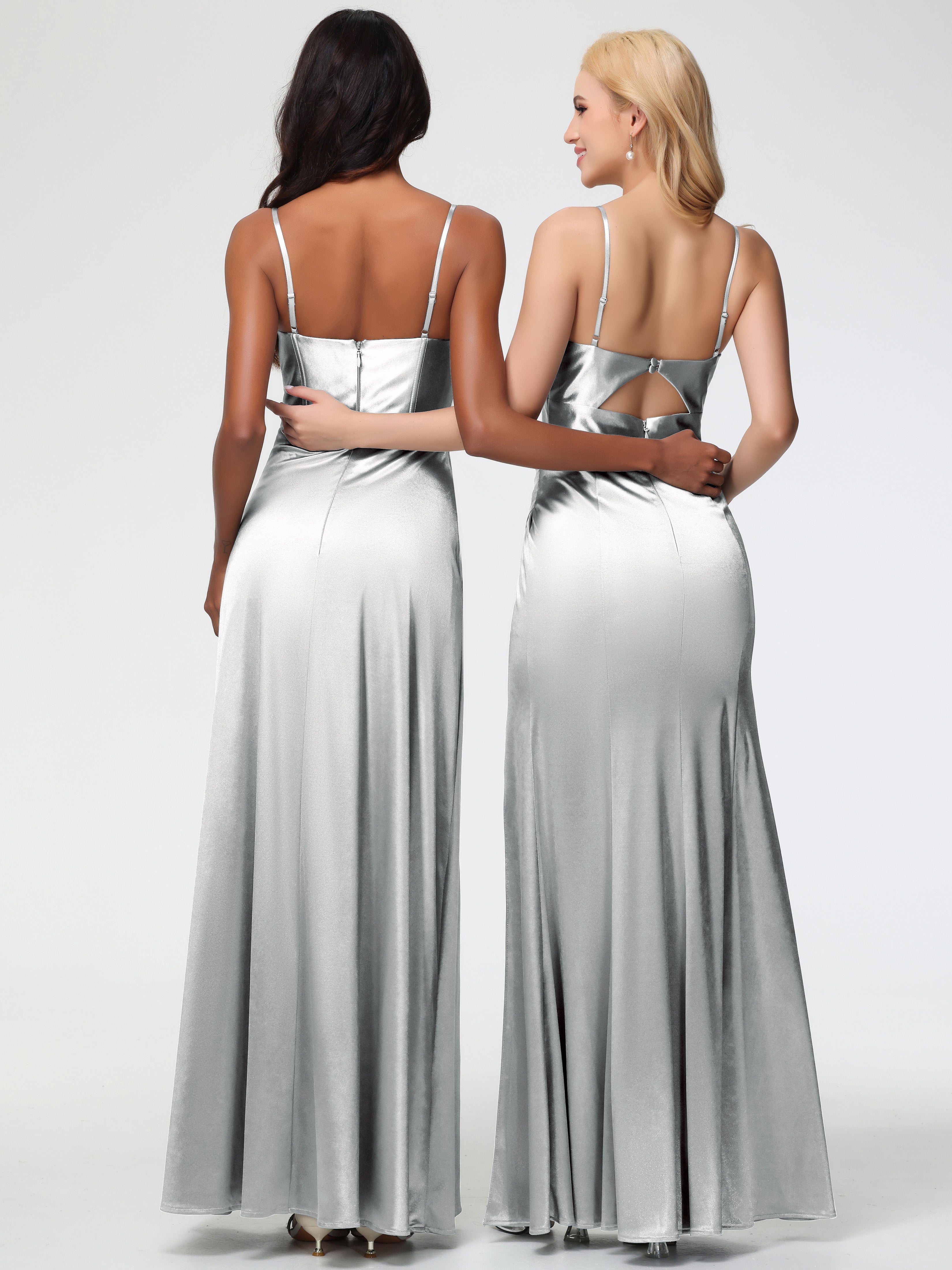 Robes De Demoiselle D'Honneur En Argent Bretelles Spaghetti Trapèze Satin Extensible Fendue Robe De Demoiselle D'Honneur