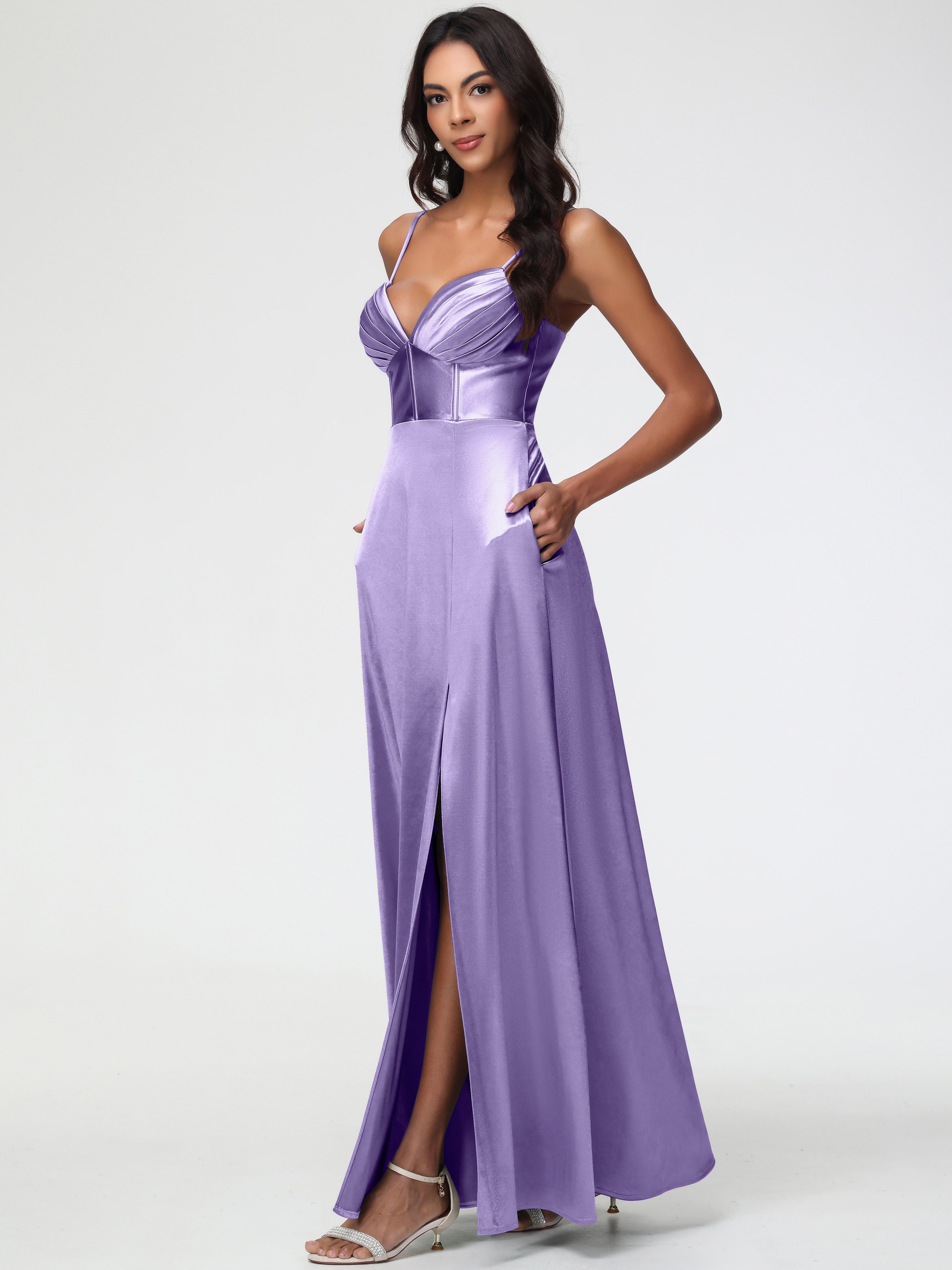 Robes De Demoiselle D'Honneur Tahiti Bretelles Spaghetti Trapèze Satin Extensible Fendue Robe De Demoiselle D'Honneur