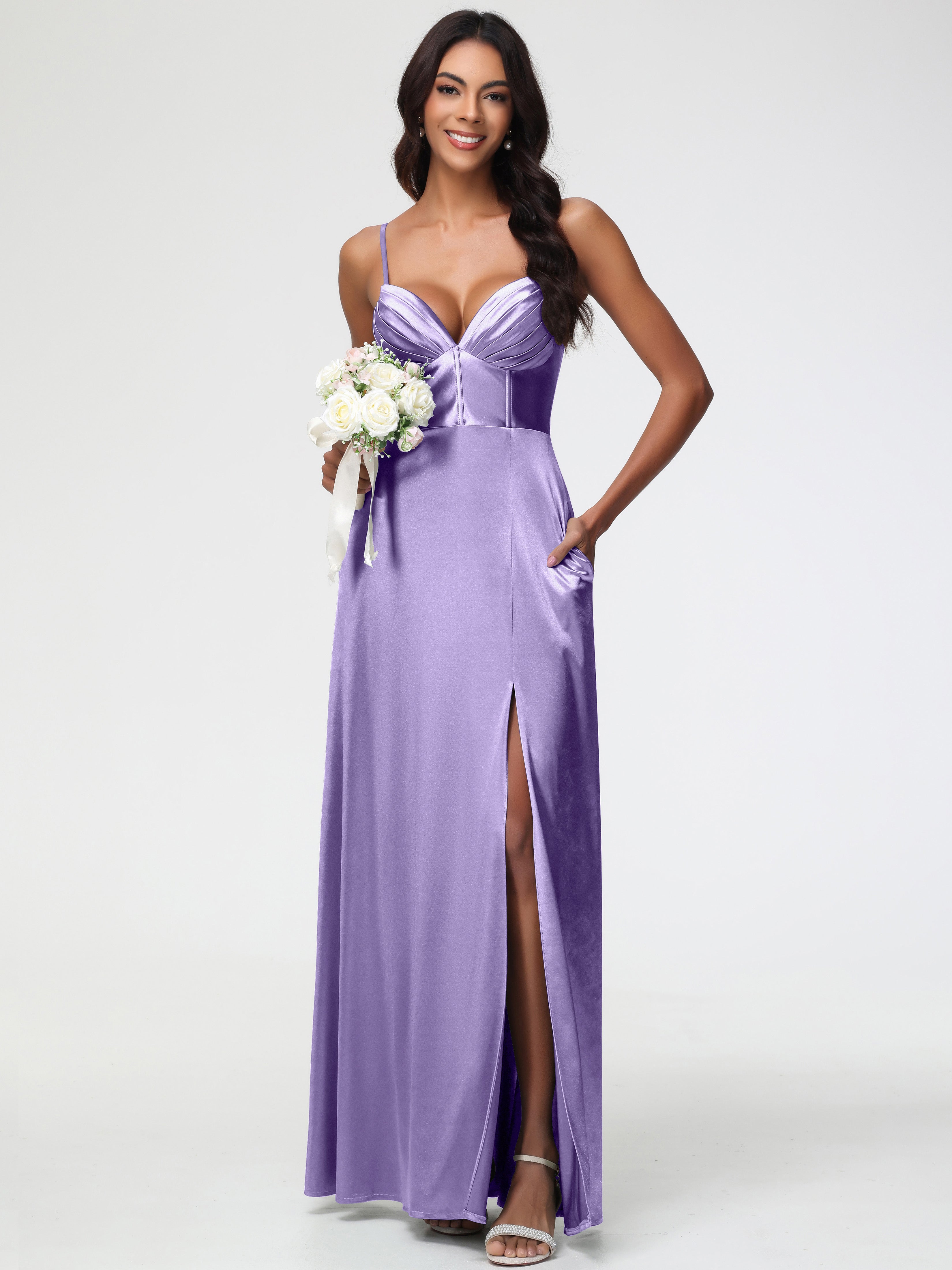 Robes De Demoiselle D'Honneur Tahiti Bretelles Spaghetti Trapèze Satin Extensible Fendue Robe De Demoiselle D'Honneur