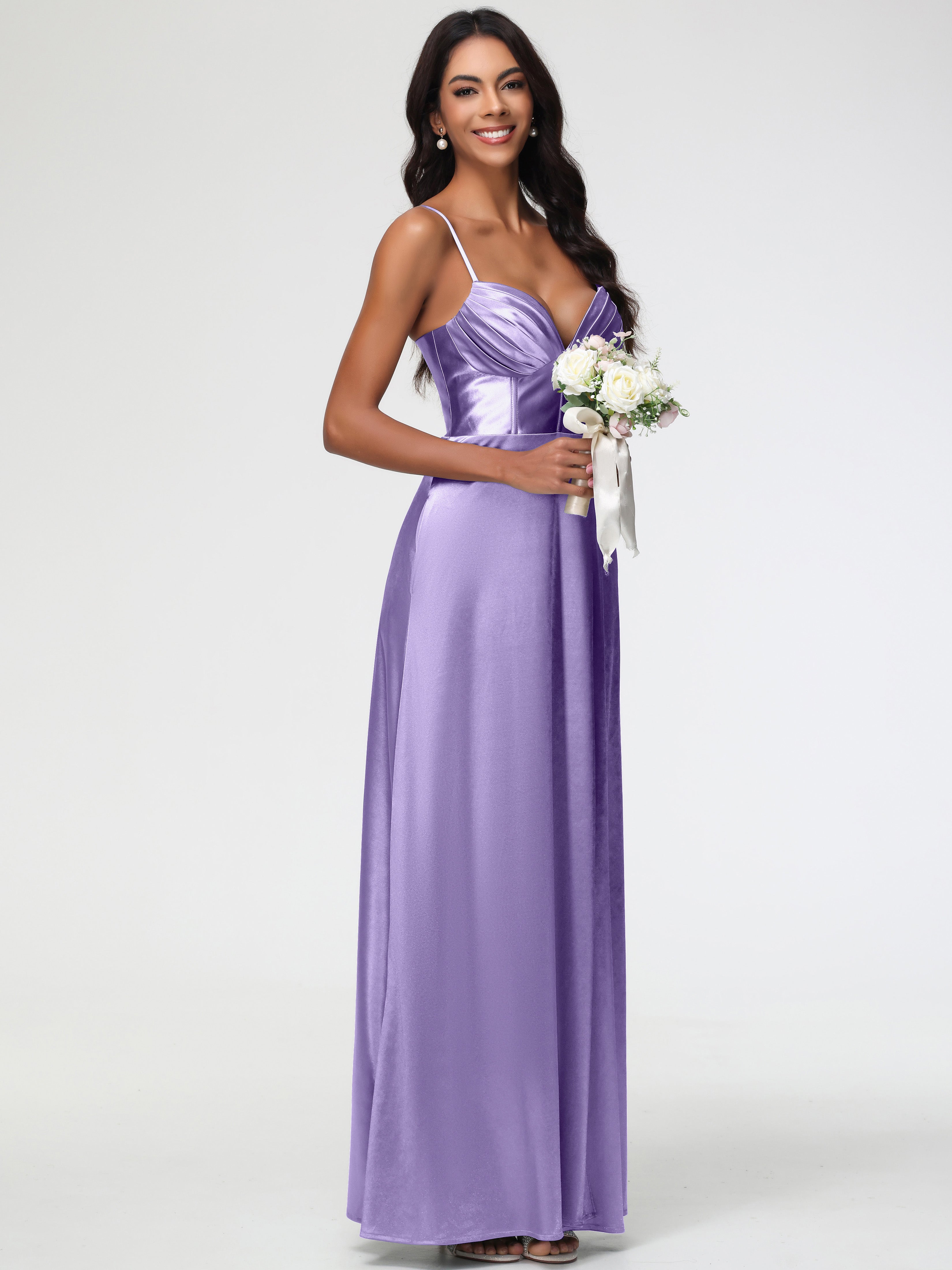 Robes De Demoiselle D'Honneur Tahiti Bretelles Spaghetti Trapèze Satin Extensible Fendue Robe De Demoiselle D'Honneur