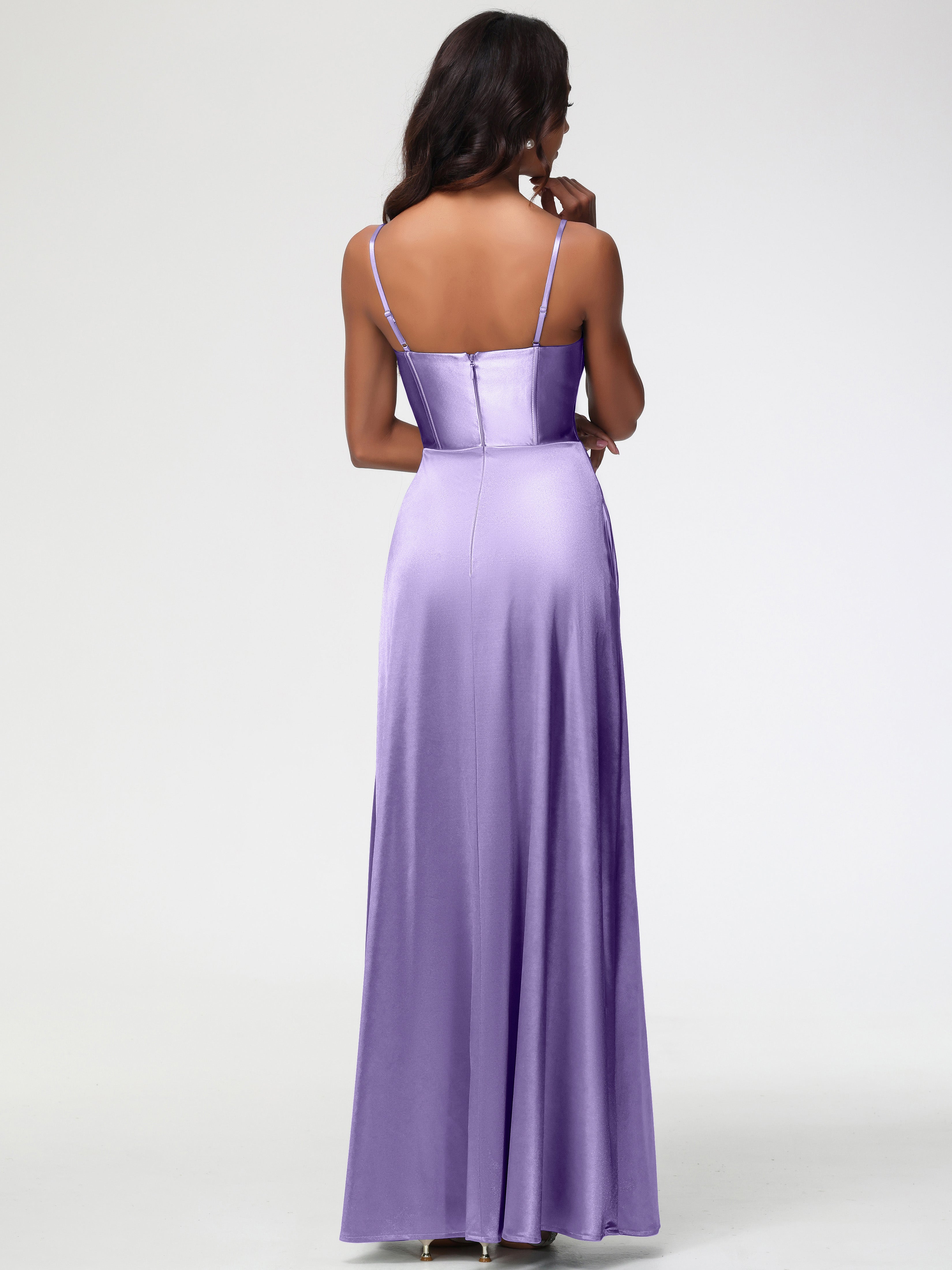 Robes De Demoiselle D'Honneur Tahiti Bretelles Spaghetti Trapèze Satin Extensible Fendue Robe De Demoiselle D'Honneur