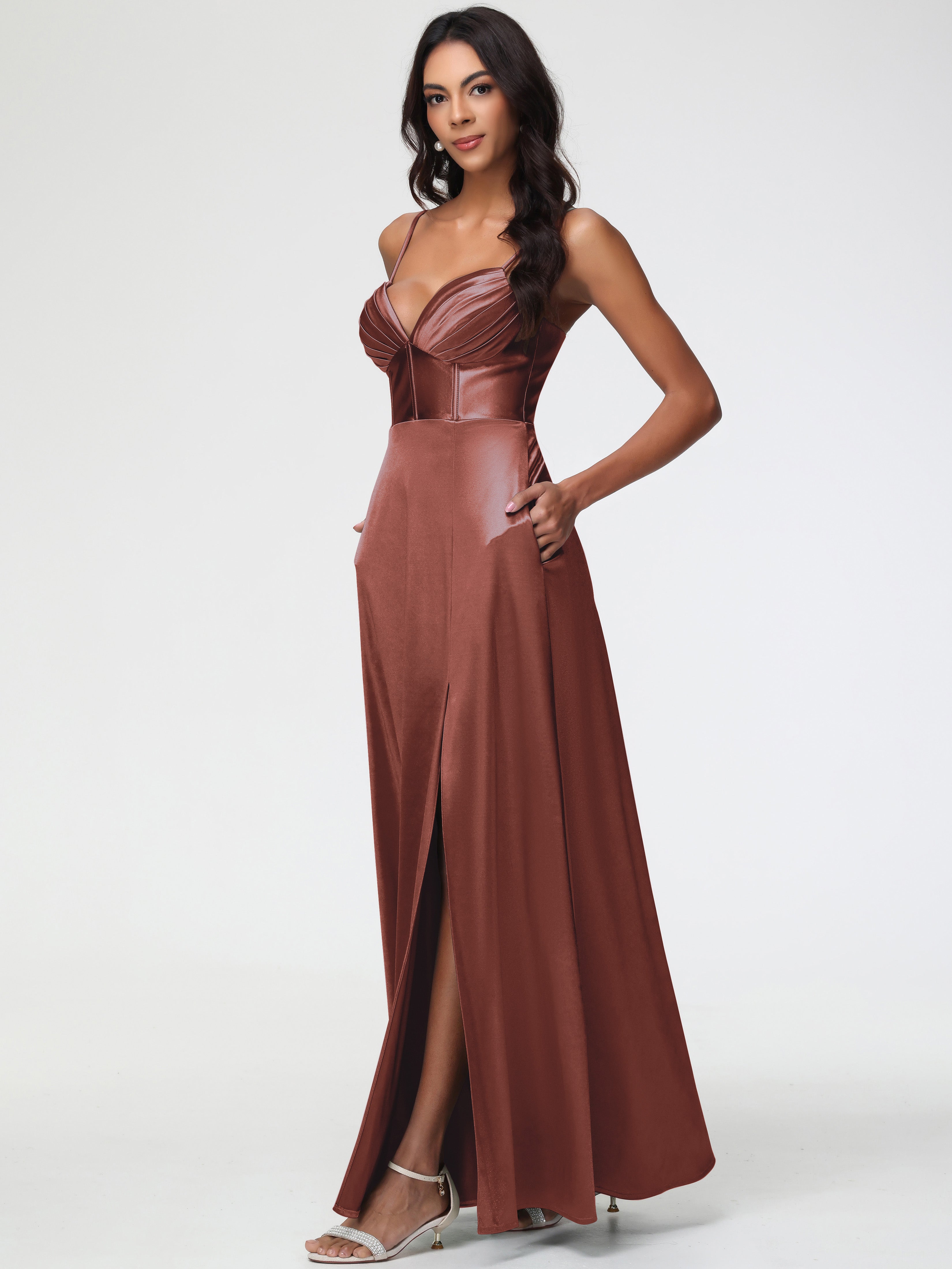 Rouille Robe Demoiselle D Honneur Terracotta Bretelles Spaghetti Trapèze Satin Extensible Fendue Robe De Demoiselle D'Honneur